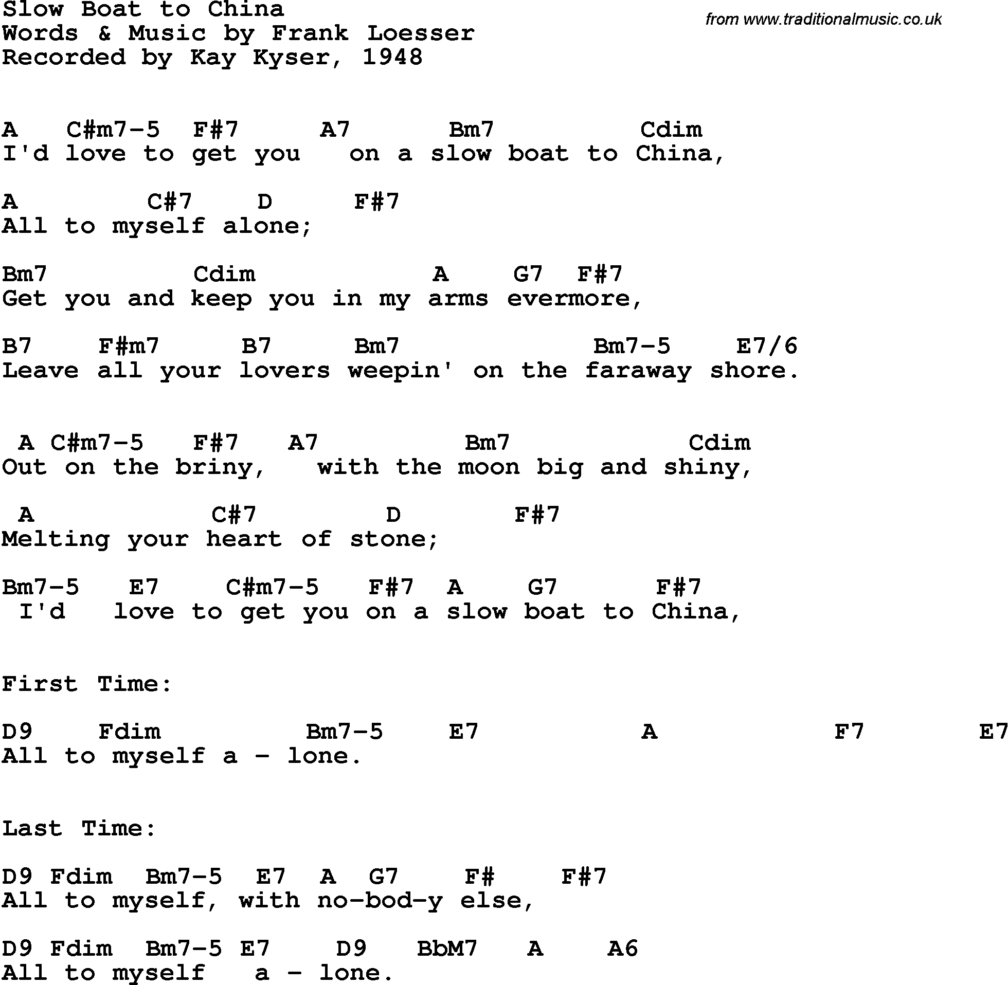 Song Lyrics with guitar chords for Slow Boat To China - A - Kay Kyser, 1948