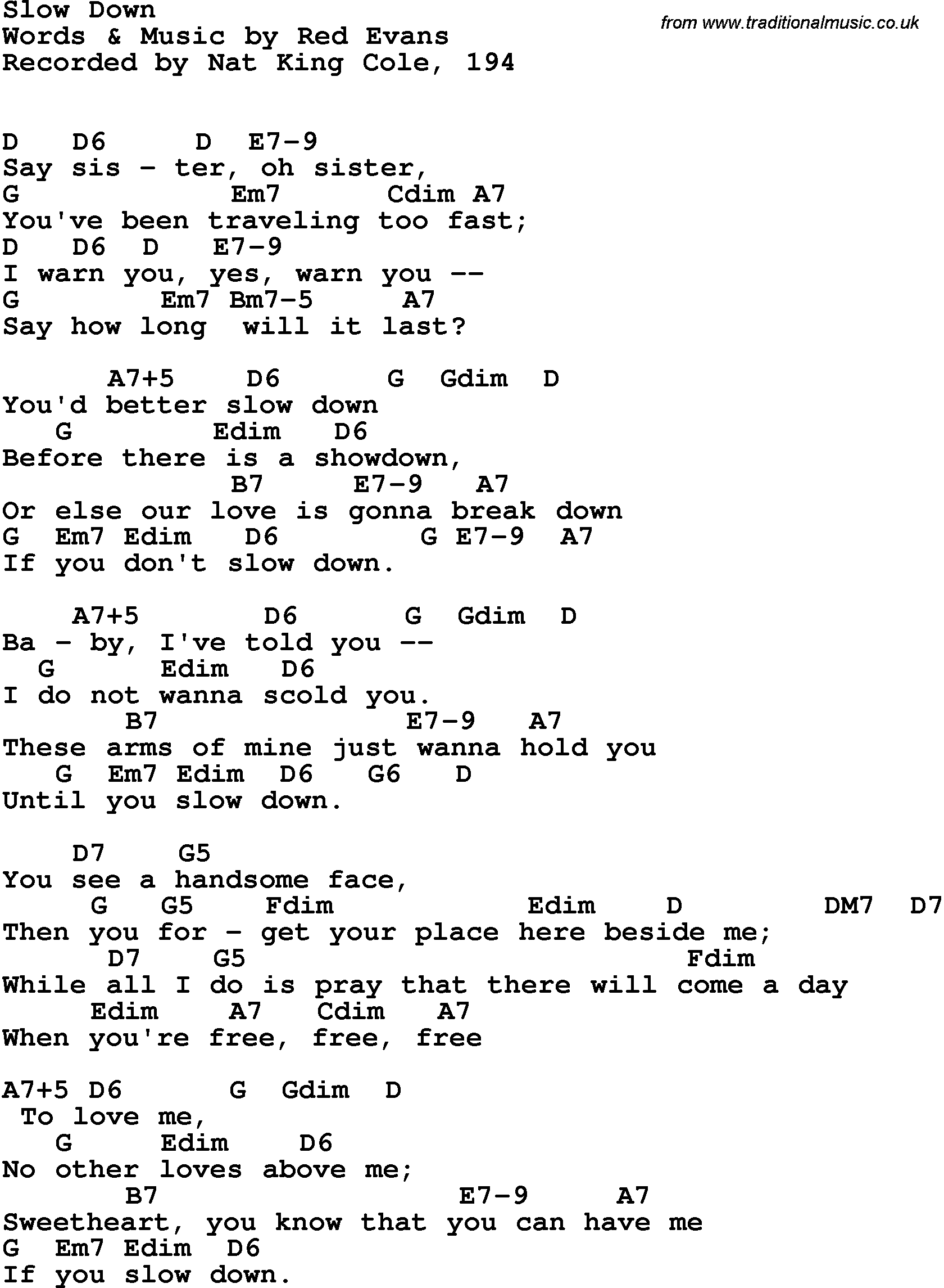 Song Lyrics with guitar chords for Slow Down - Nat King Cole, 1941