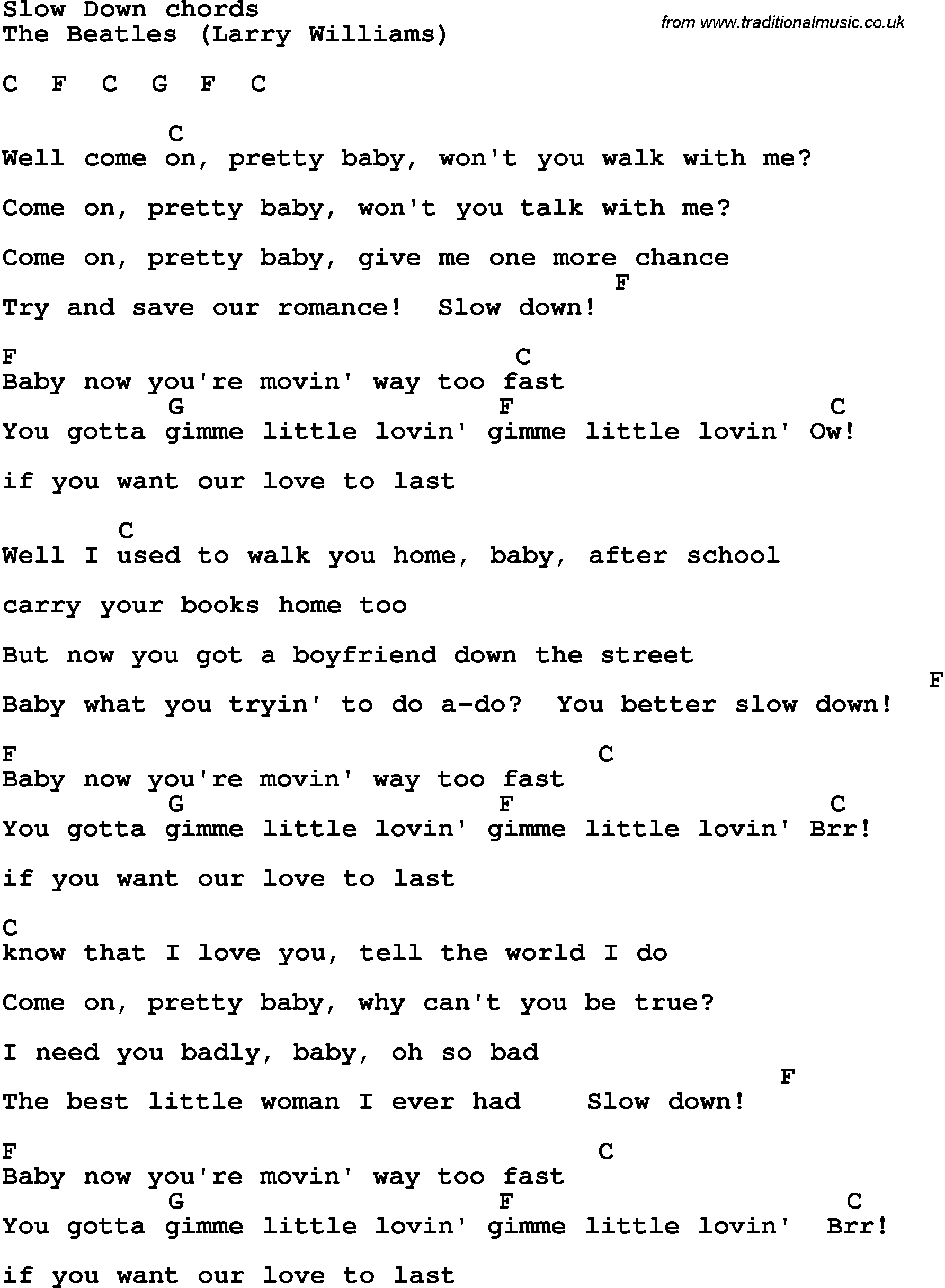 Song Lyrics with guitar chords for Slow Down - The Beatles