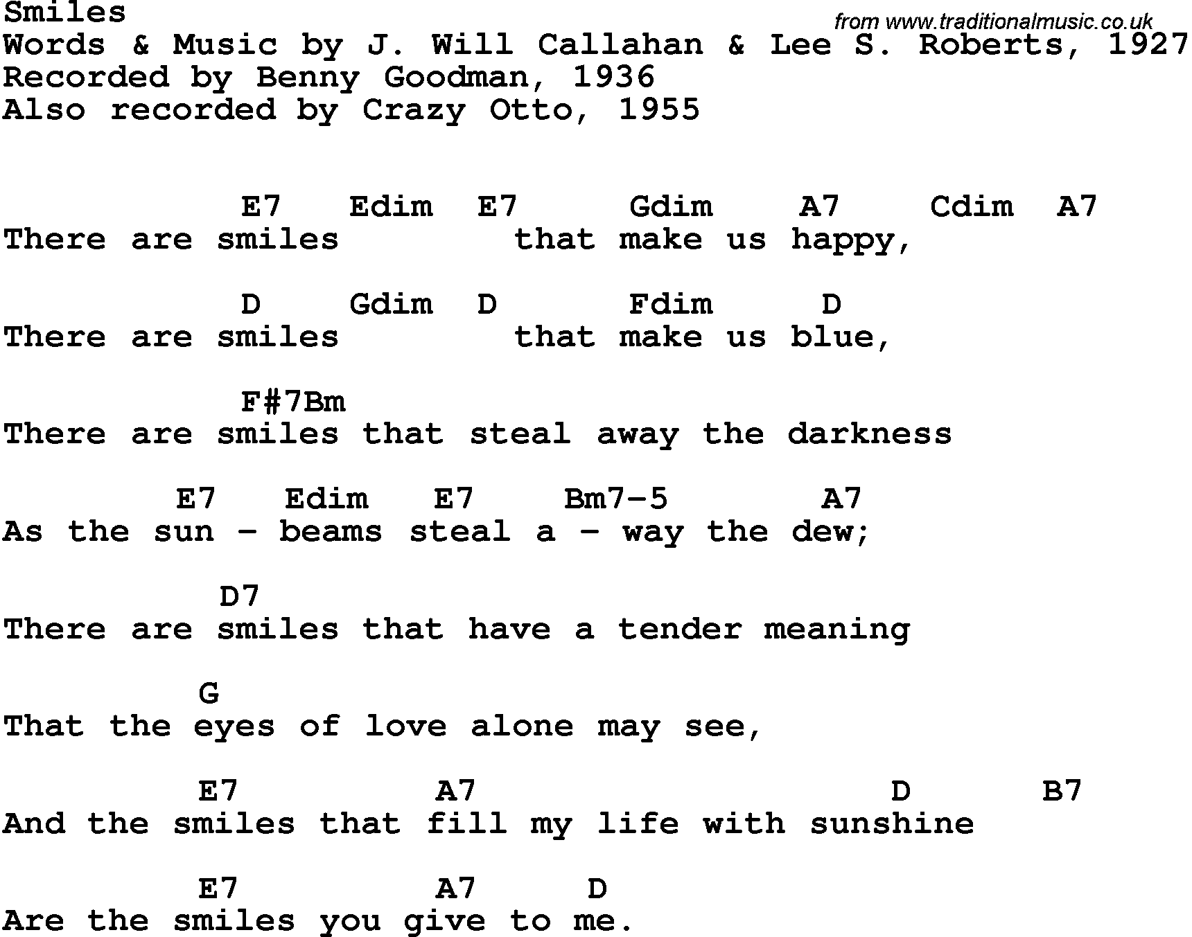 Song Lyrics with guitar chords for Smiles - Benny Goodman, 1936