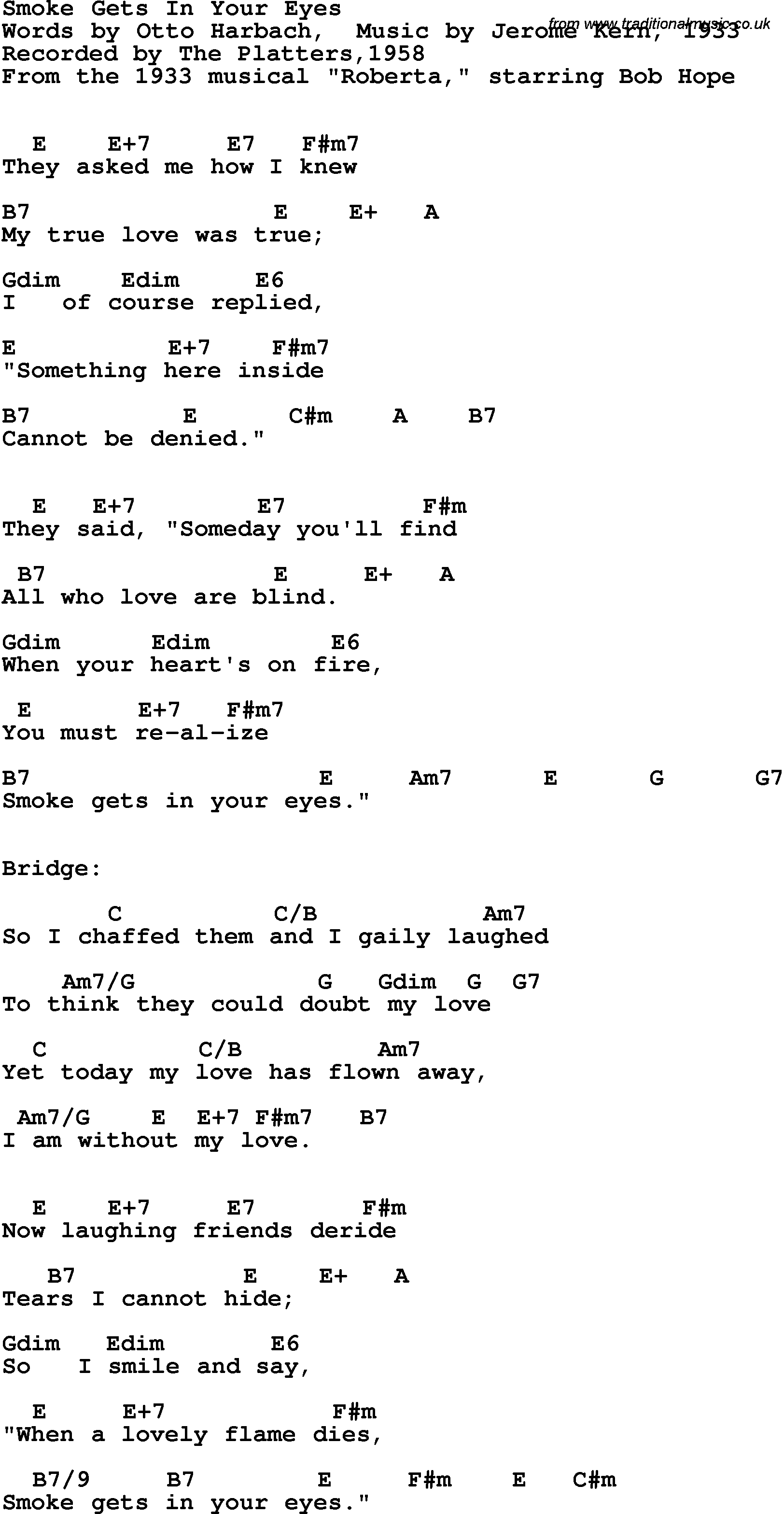 Song Lyrics with guitar chords for Smoke Gets In Your Eyes - The Platters, 1958