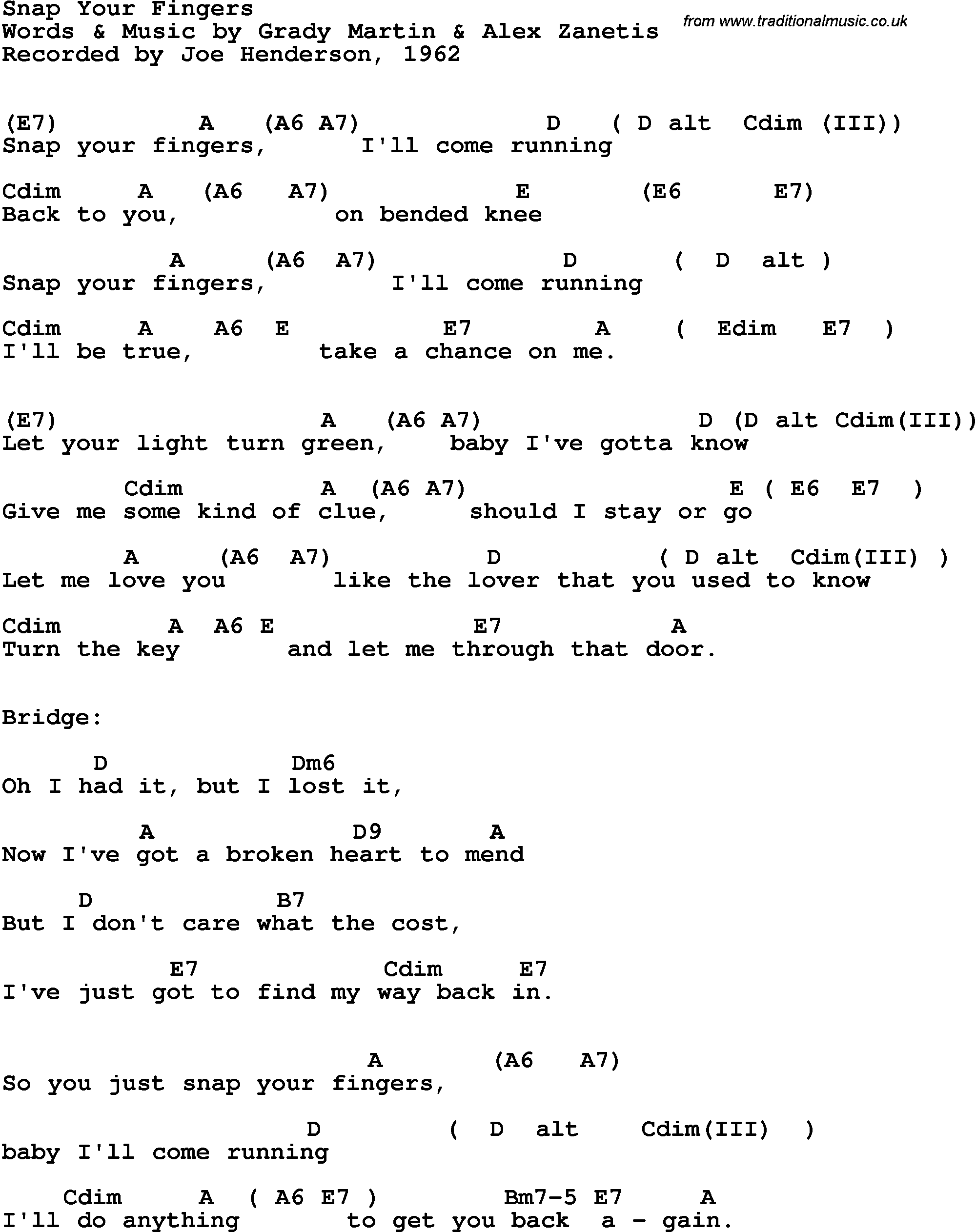 Song Lyrics with guitar chords for Snap Your Fingers - Joe Henderson, 1962