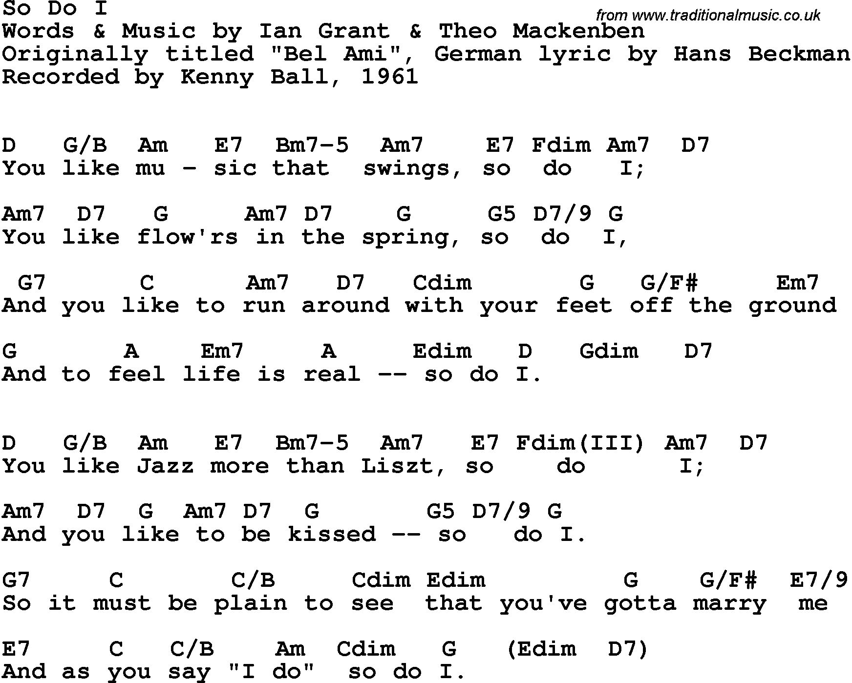 Song Lyrics with guitar chords for So Do I - Kenny Ball, 1961