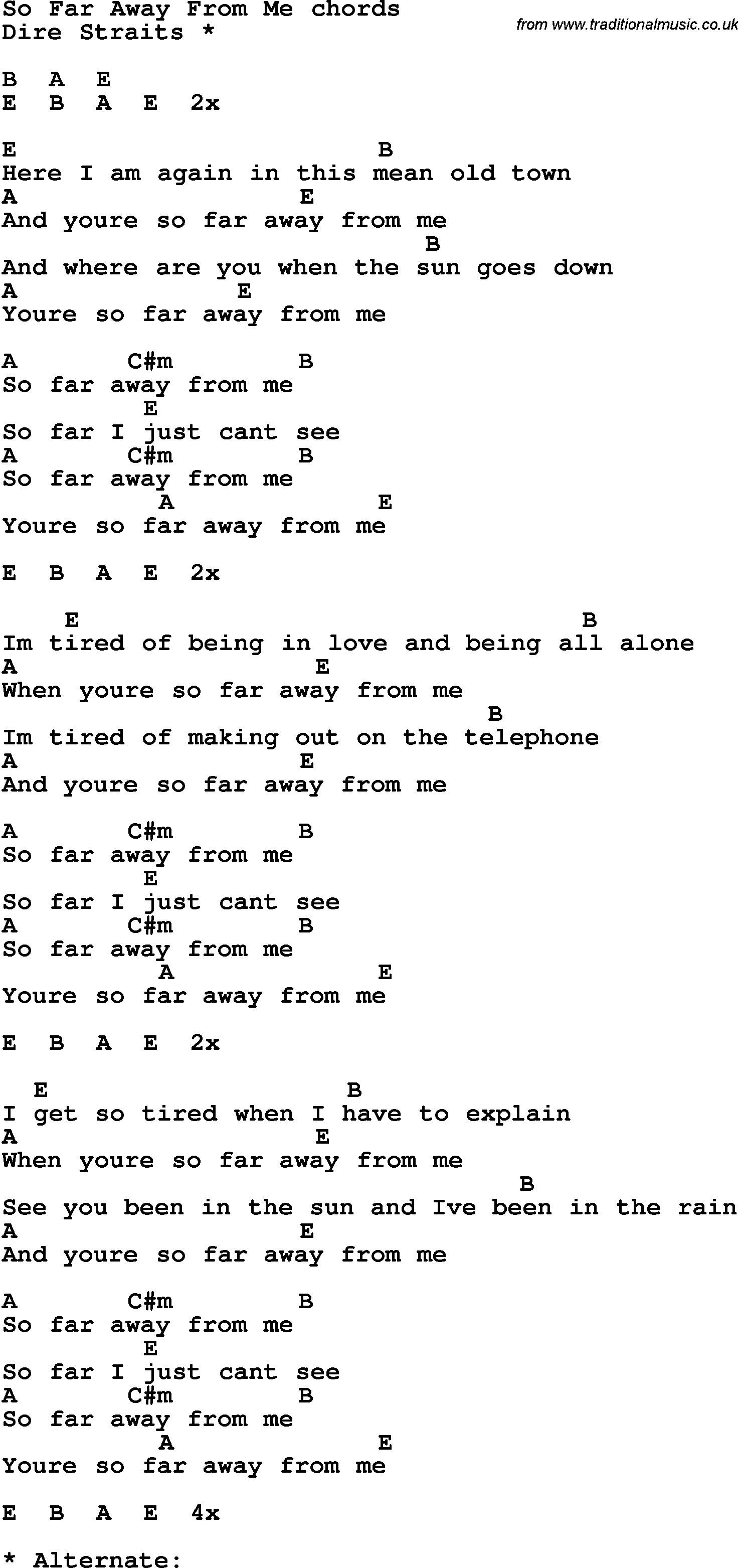 Song Lyrics with guitar chords for So Far Away From Me
