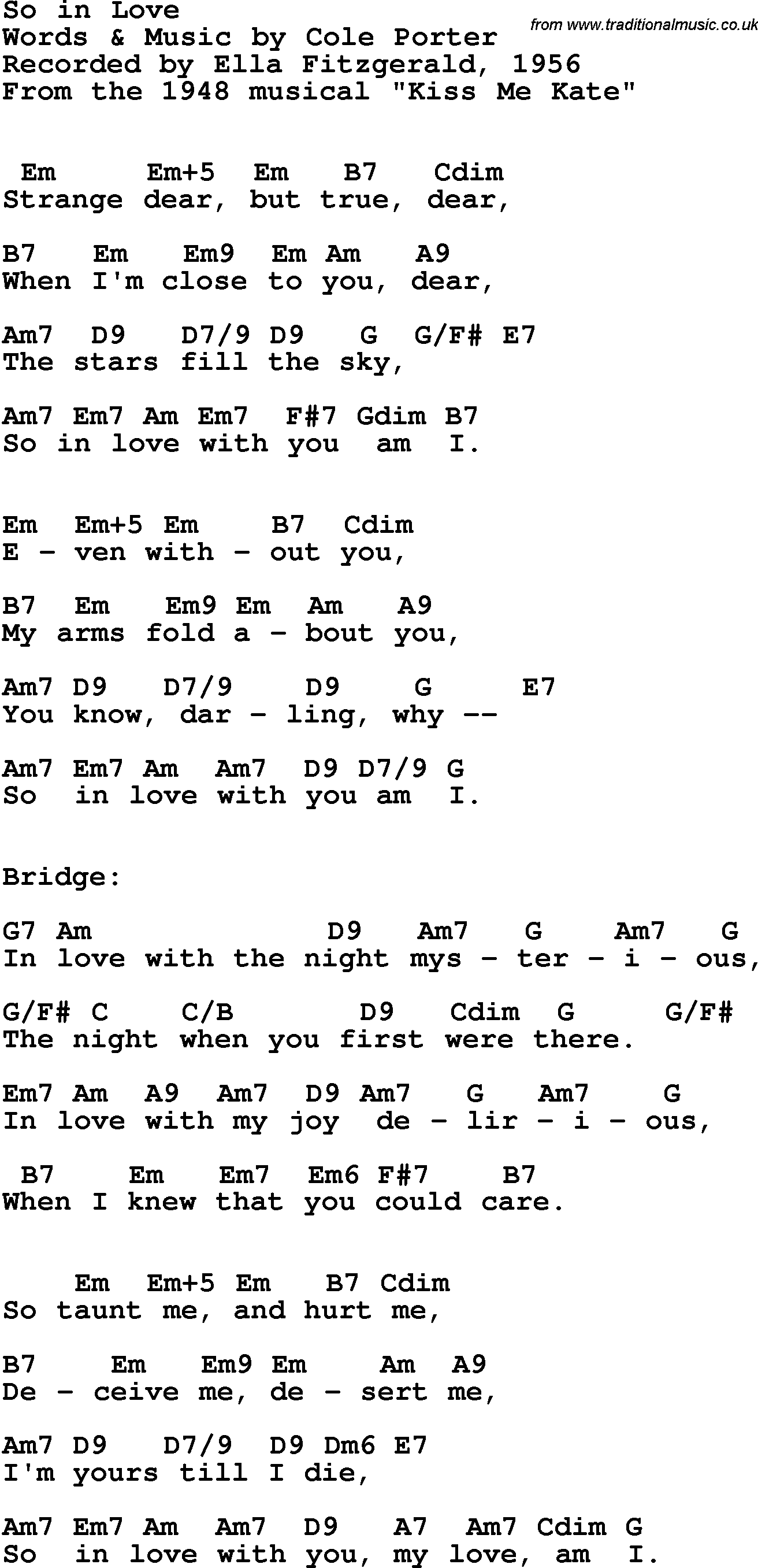 Song Lyrics with guitar chords for So In Love - Ella Fitzgerald, 1956