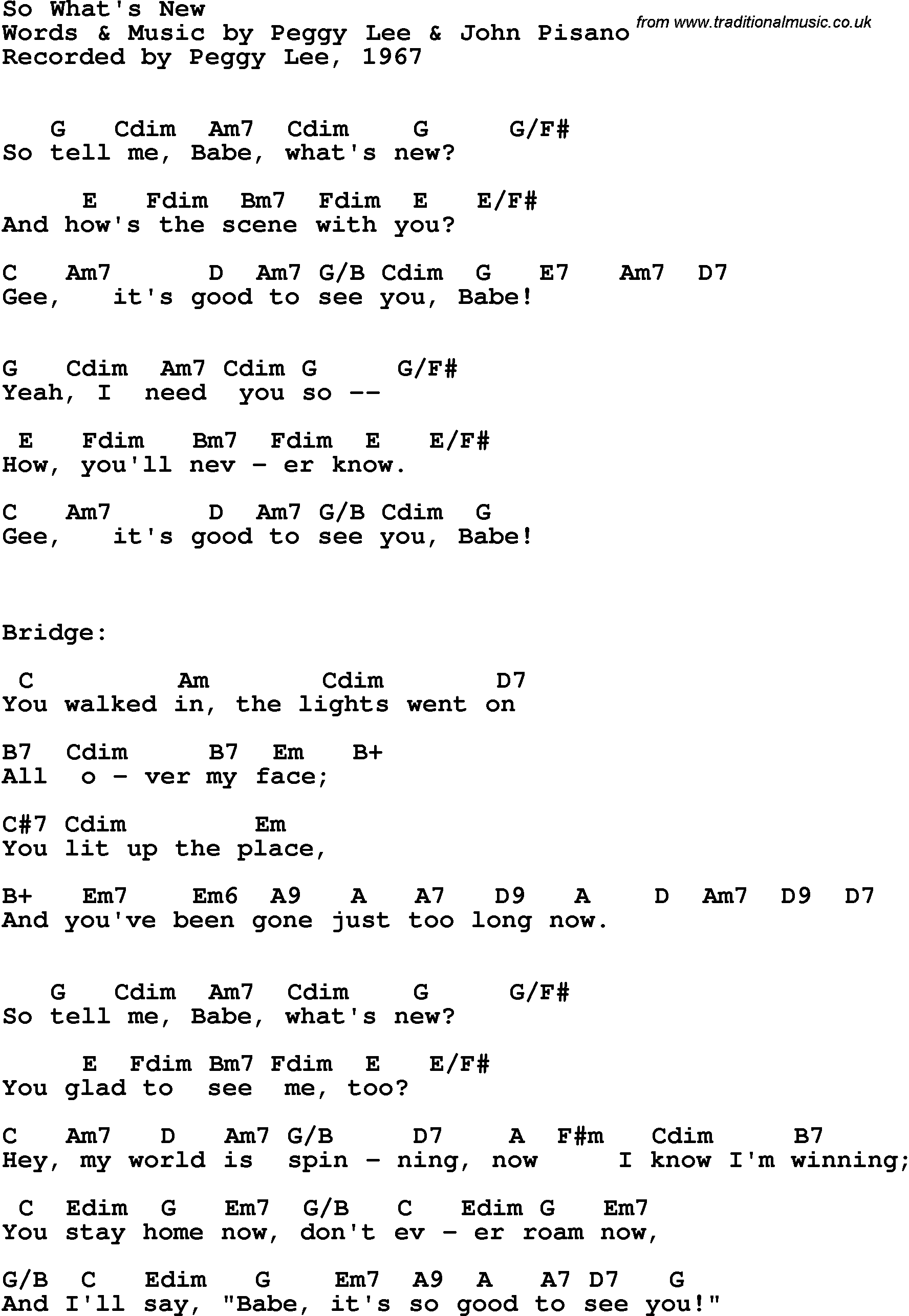 Song Lyrics with guitar chords for So What's New - Peggy Lee, 1967