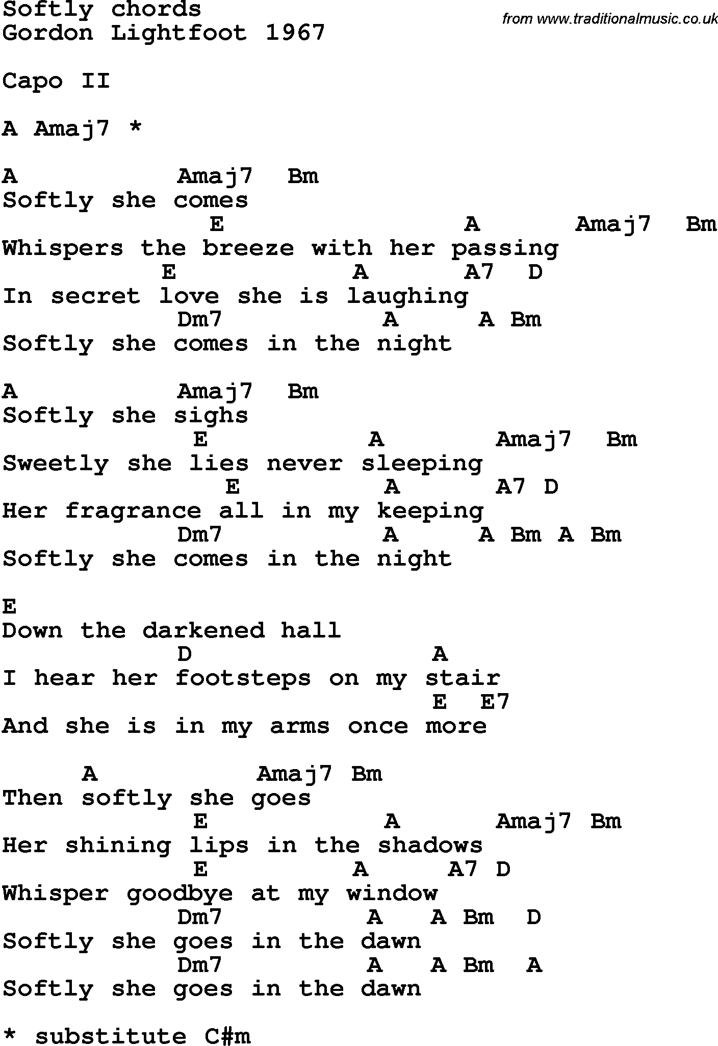 Song Lyrics with guitar chords for Softly