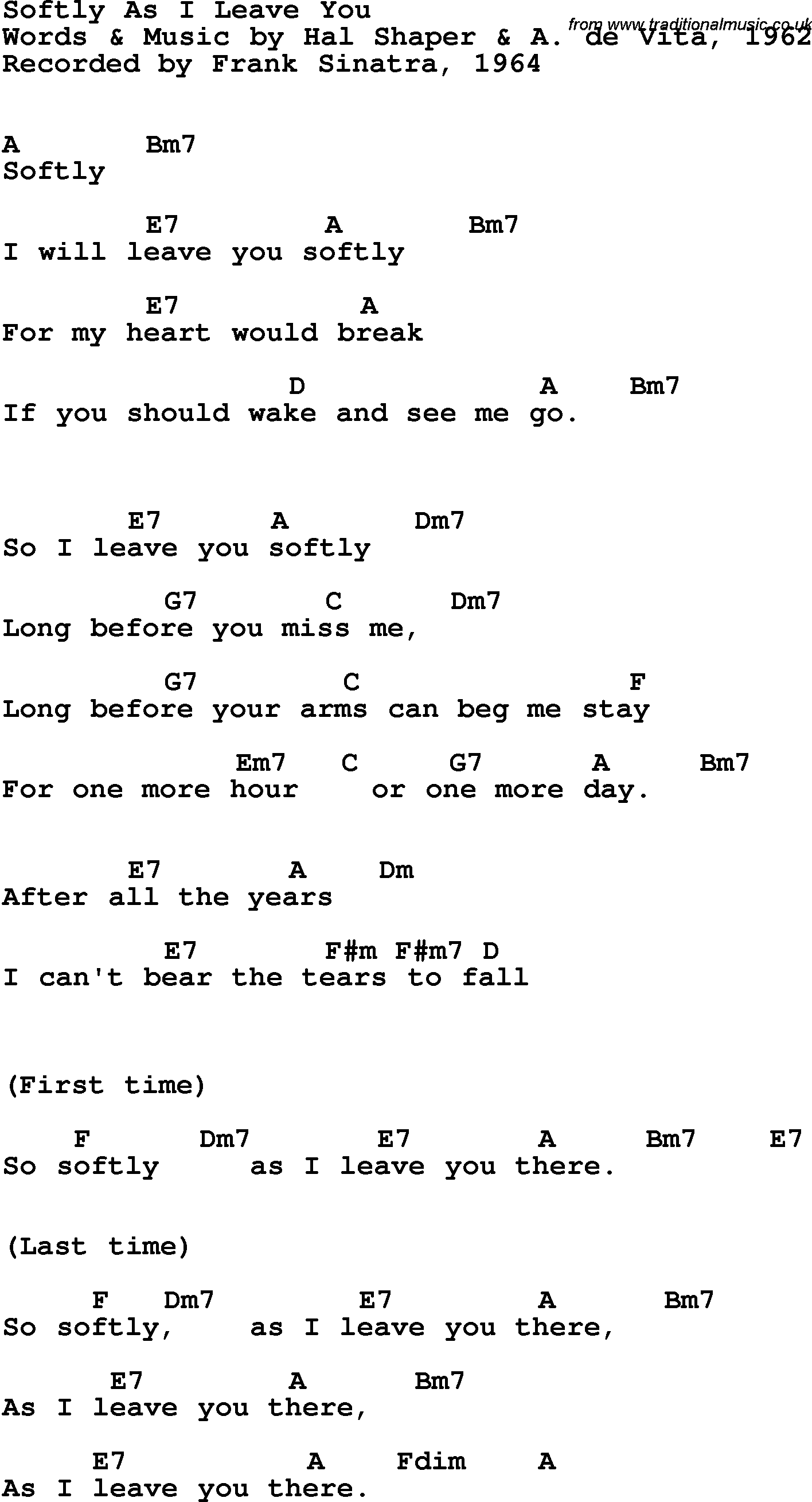 Song Lyrics with guitar chords for Softly As I Leave You - Frank Sinatra, 1964