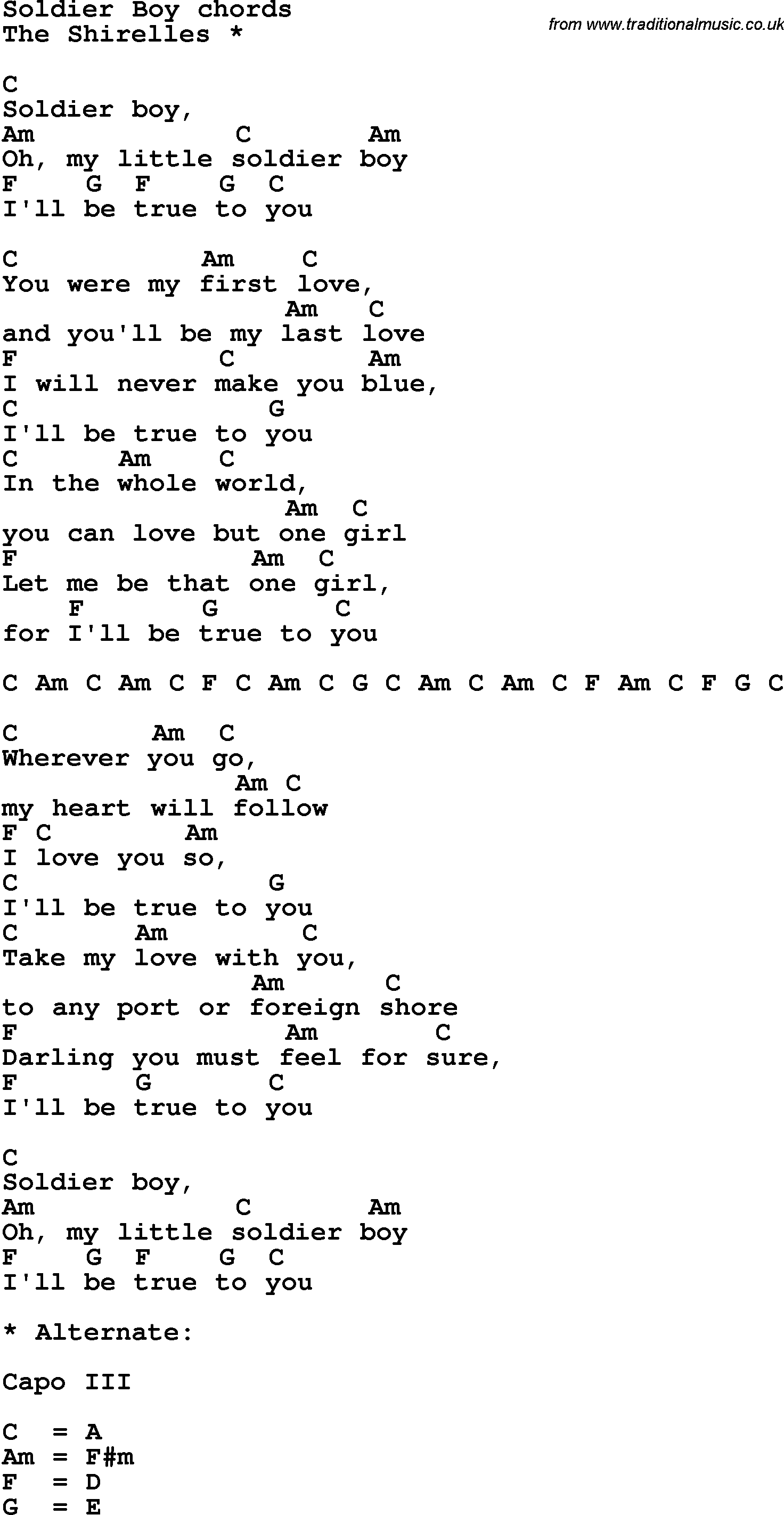 Song Lyrics with guitar chords for Soldier Boy