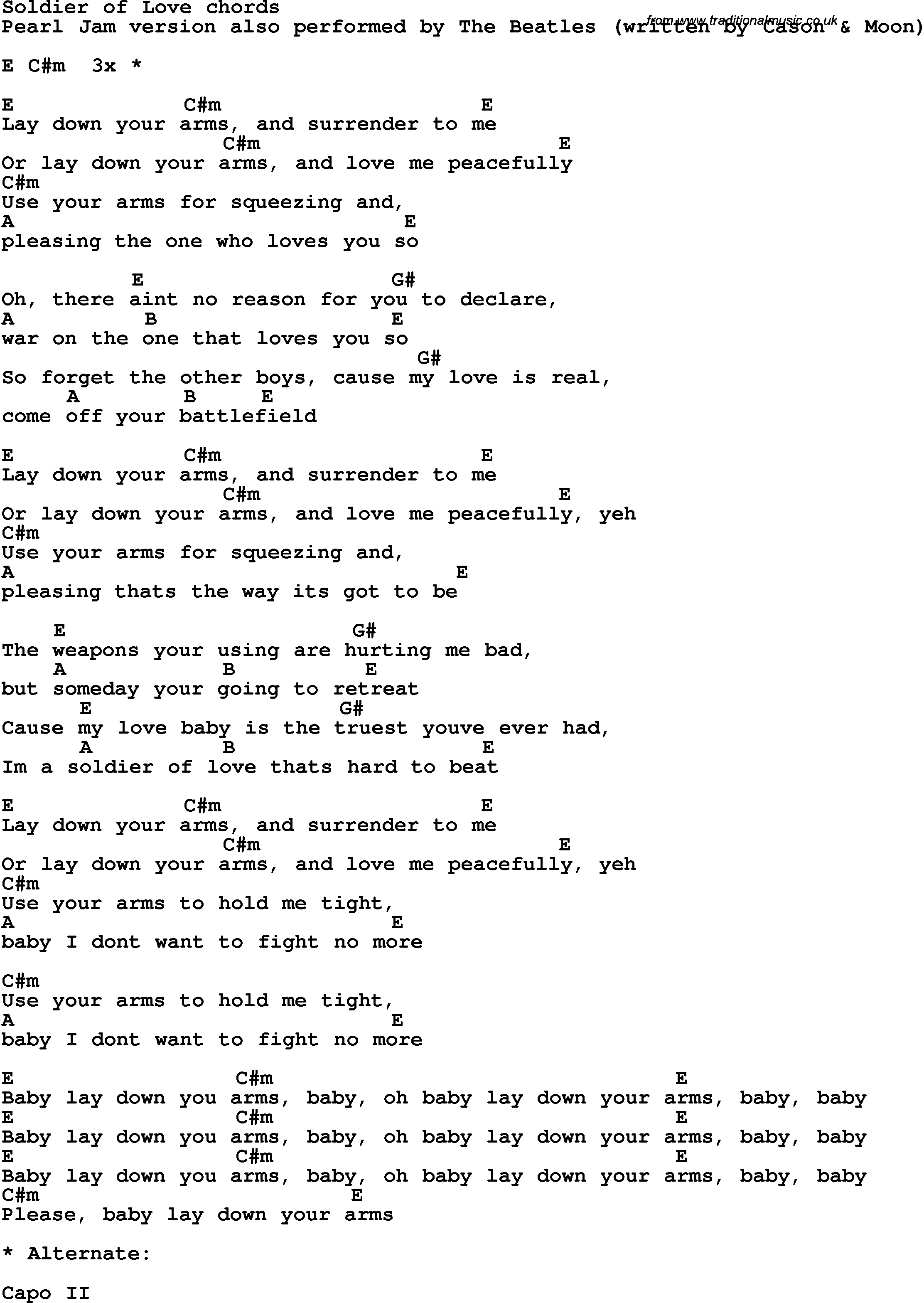 Song Lyrics with guitar chords for Soldier of Love