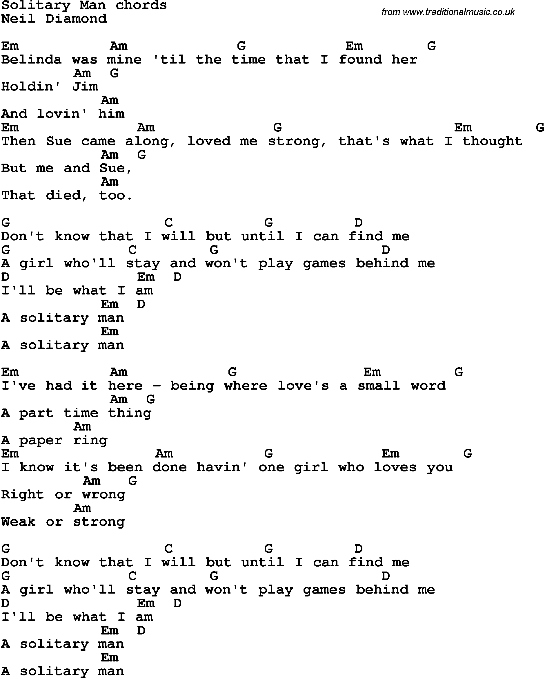 Song Lyrics with guitar chords for Solitary Man