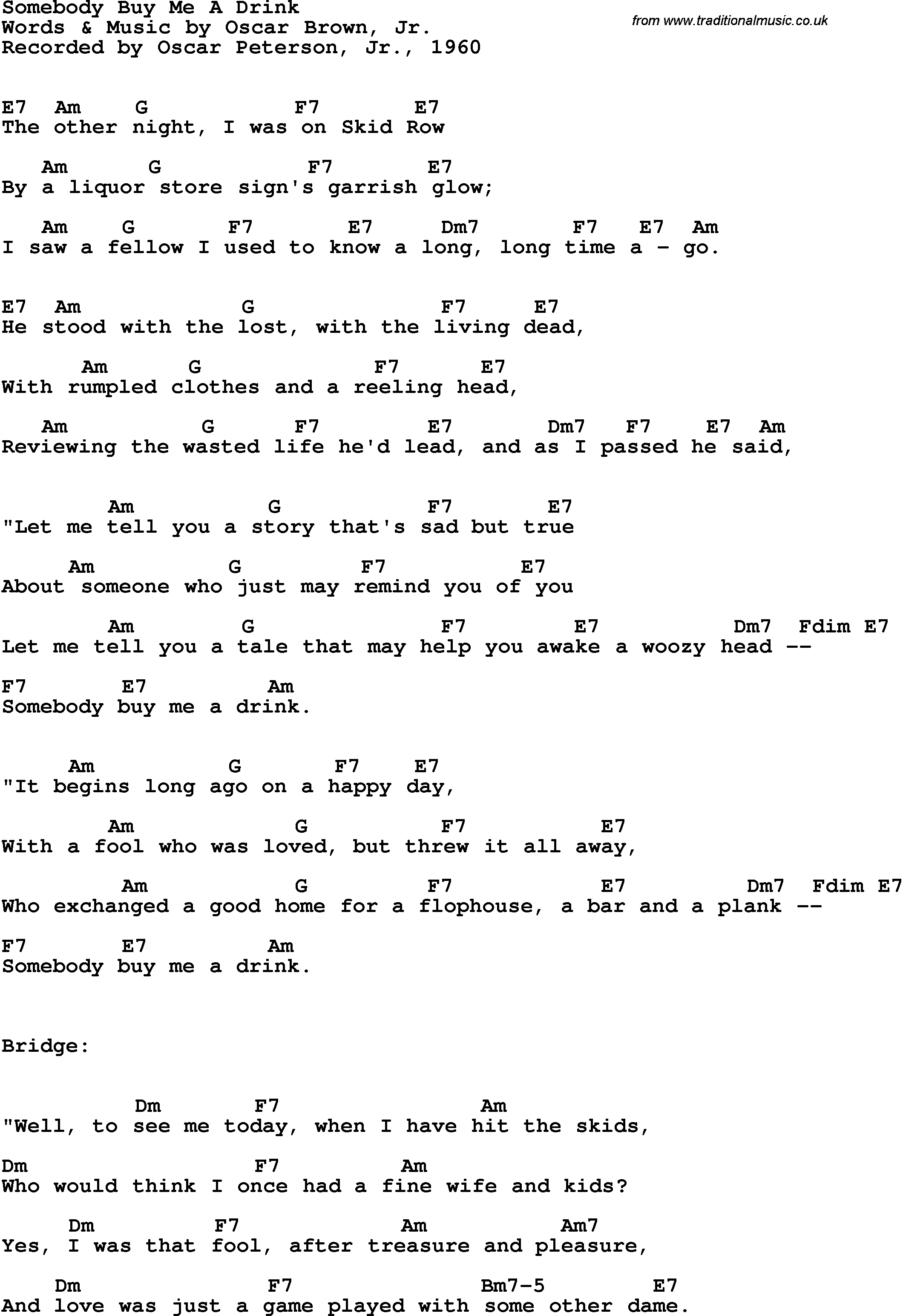 Song Lyrics with guitar chords for Somebody Buy Me A Drink - Oscar Peterson, Jr