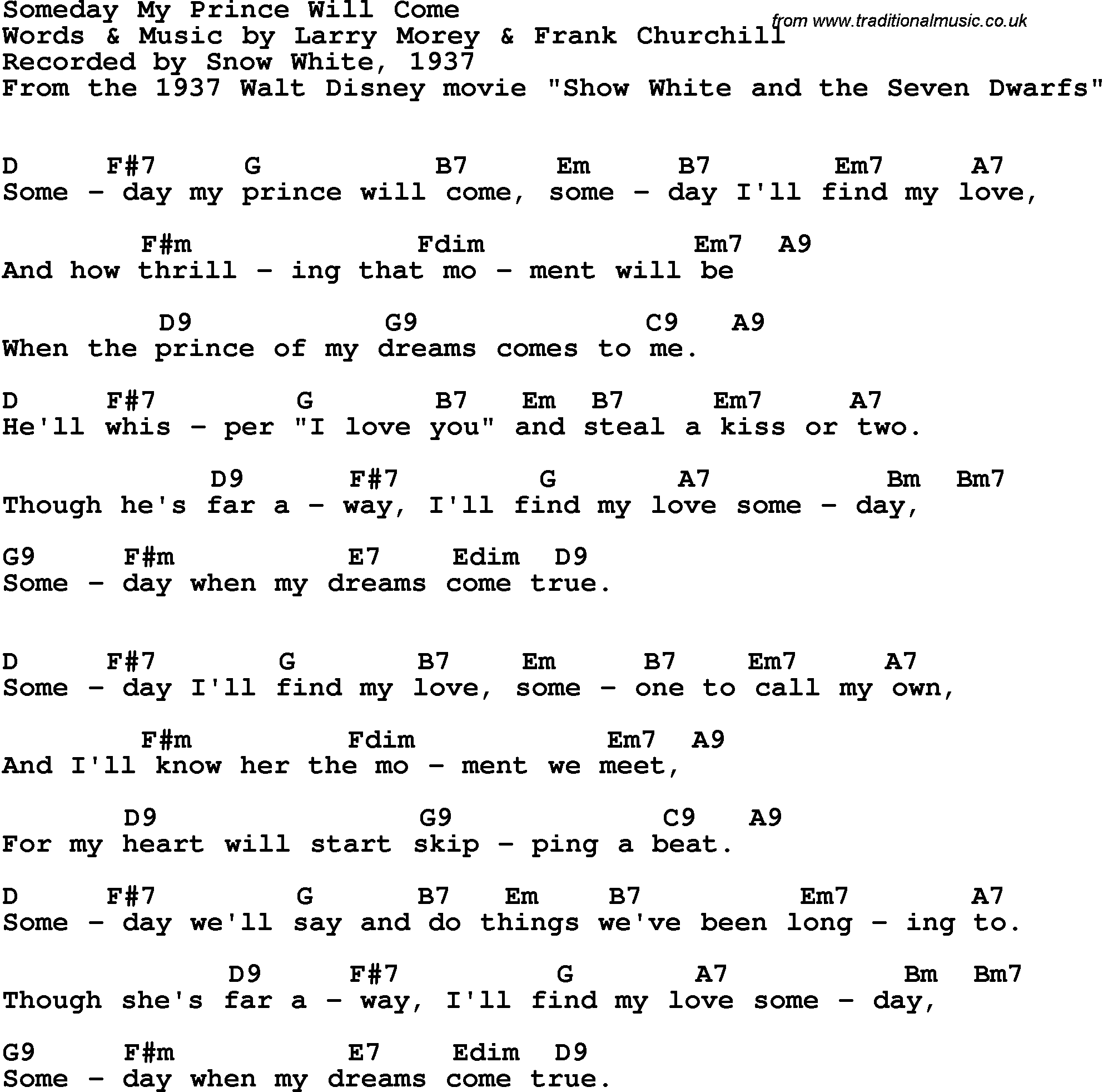 Song Lyrics with guitar chords for Someday My Prince Will Come - Adriana Caselotti, 1937