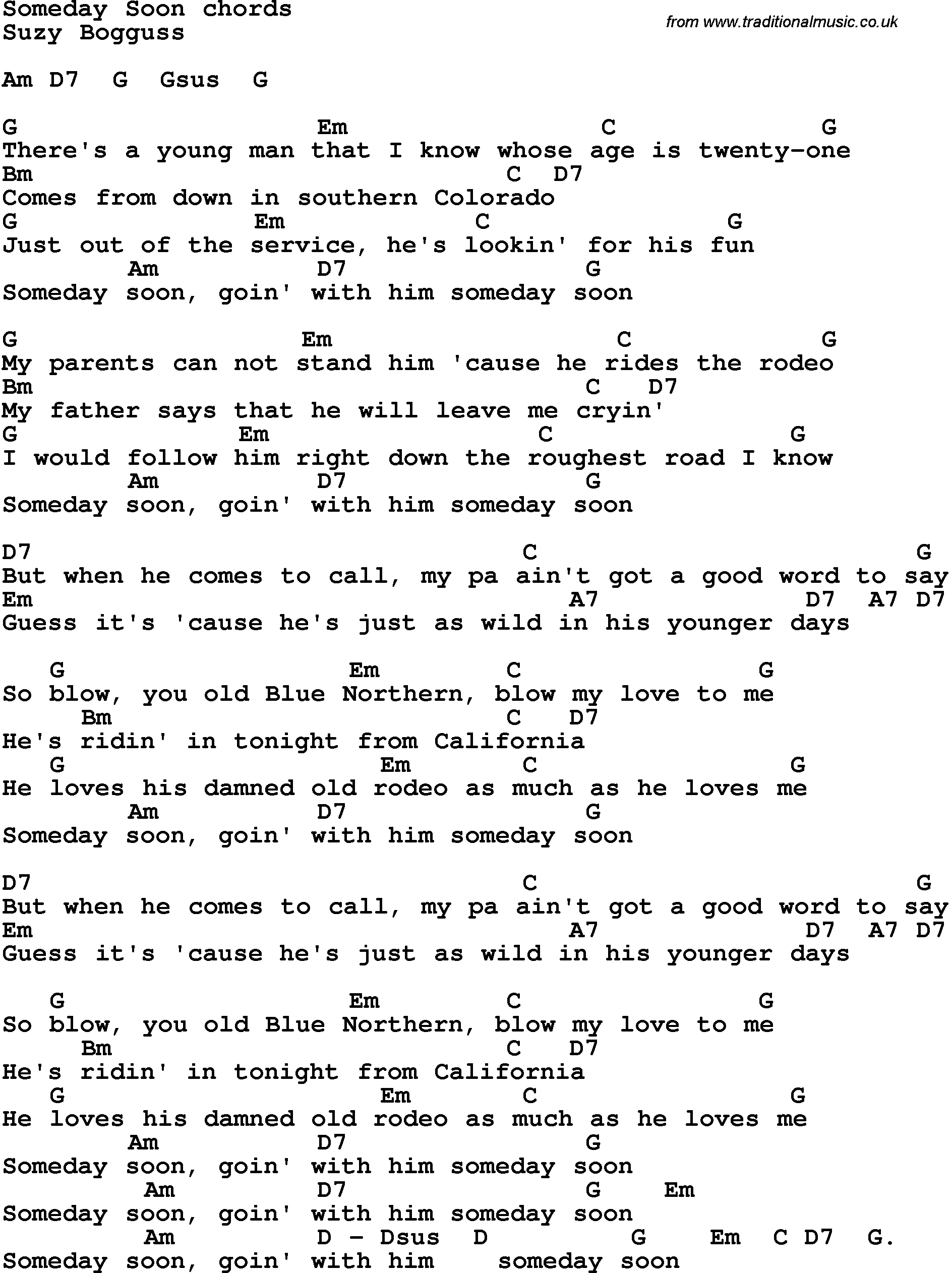 Song Lyrics with guitar chords for Someday Soon