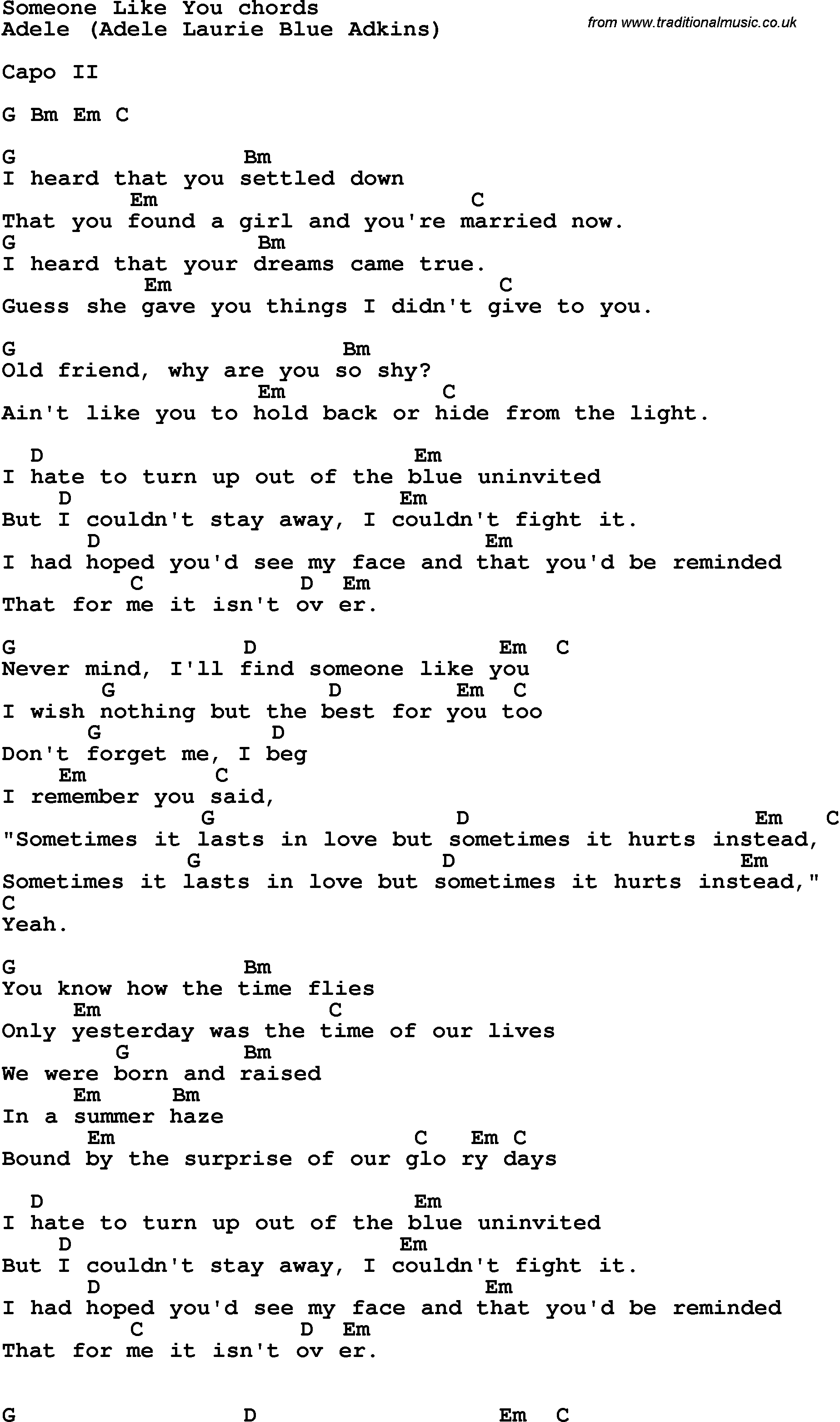 Song Lyrics with guitar chords for Someone Like You