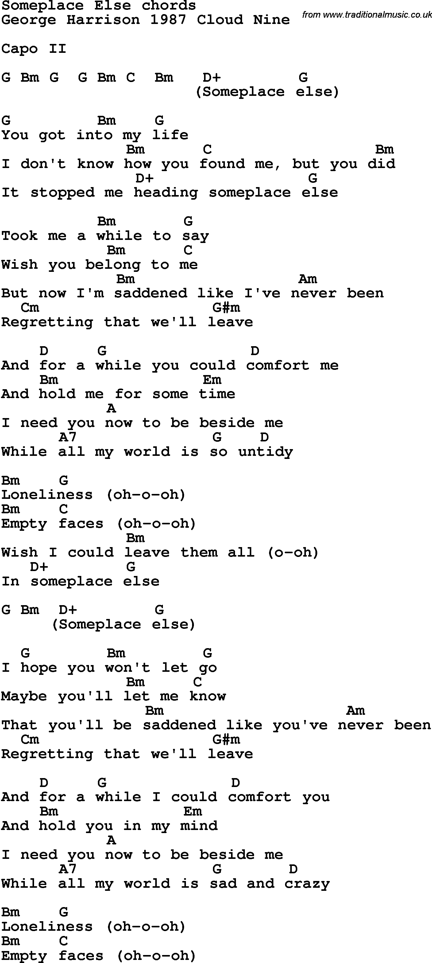 Song Lyrics with guitar chords for Someplace Else