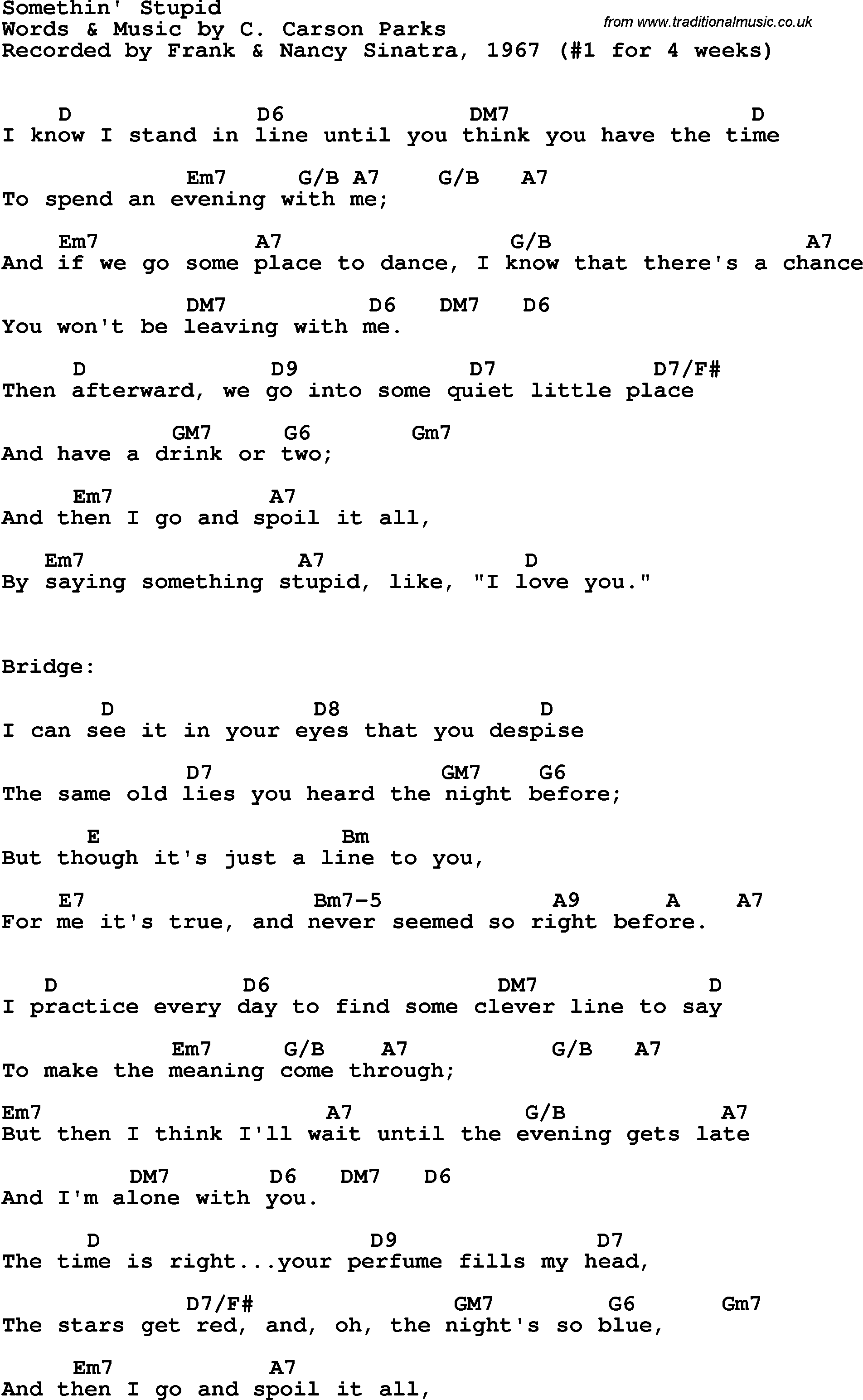 Song Lyrics with guitar chords for Somethin' Stupid - Frank & Nancy Sinatra, 1967