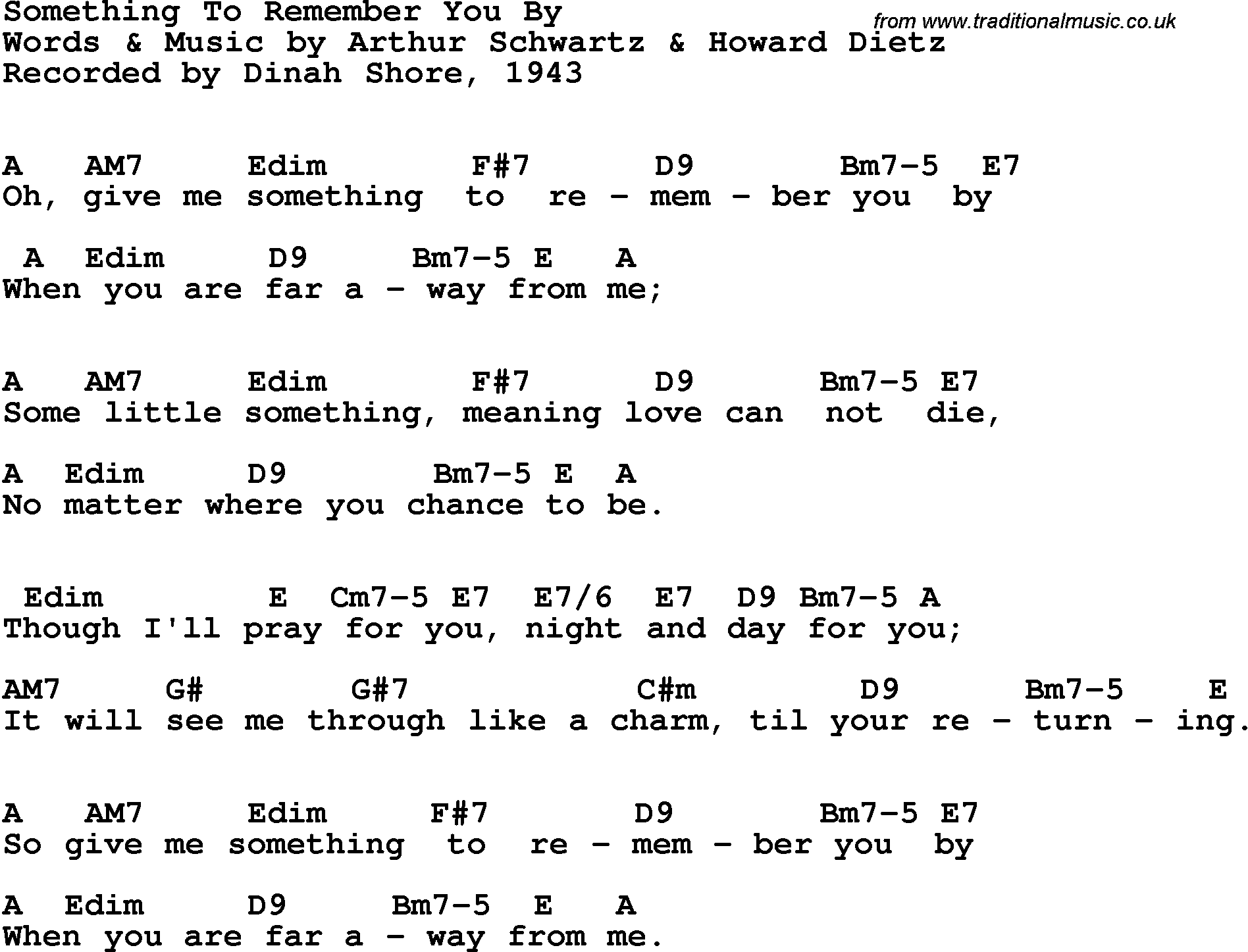 Song Lyrics with guitar chords for Something To Remember You By - Dinah Shore, 1943