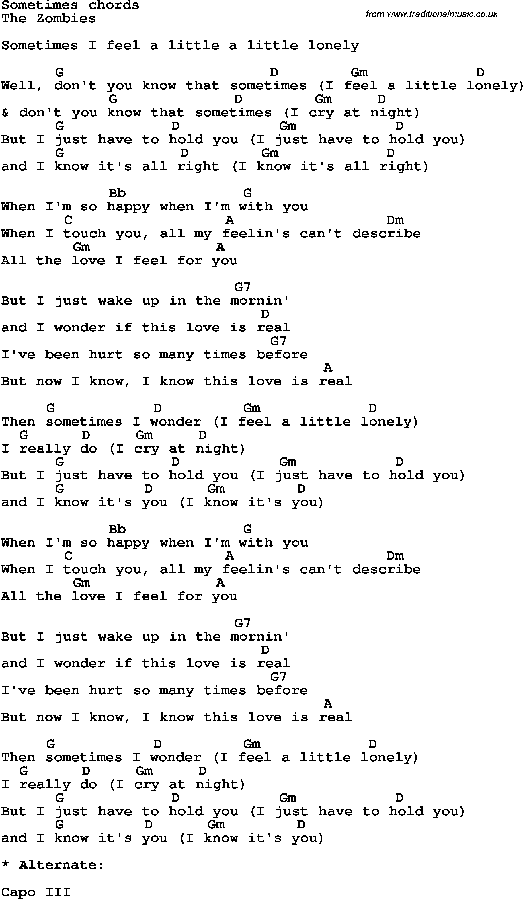 Song Lyrics with guitar chords for Sometimes