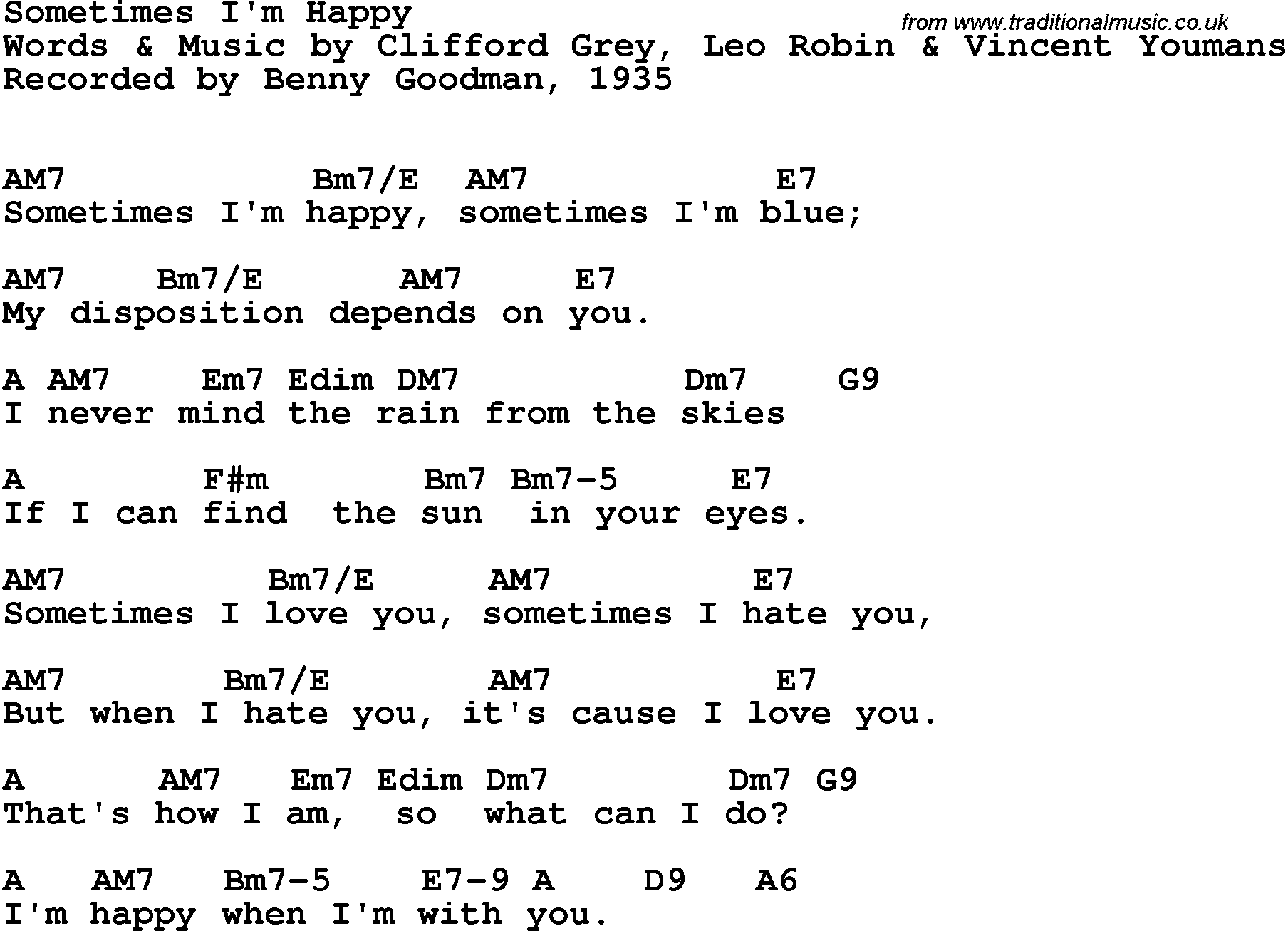 Song Lyrics with guitar chords for Sometimes I'm Happy - Benny Goodman, 1935