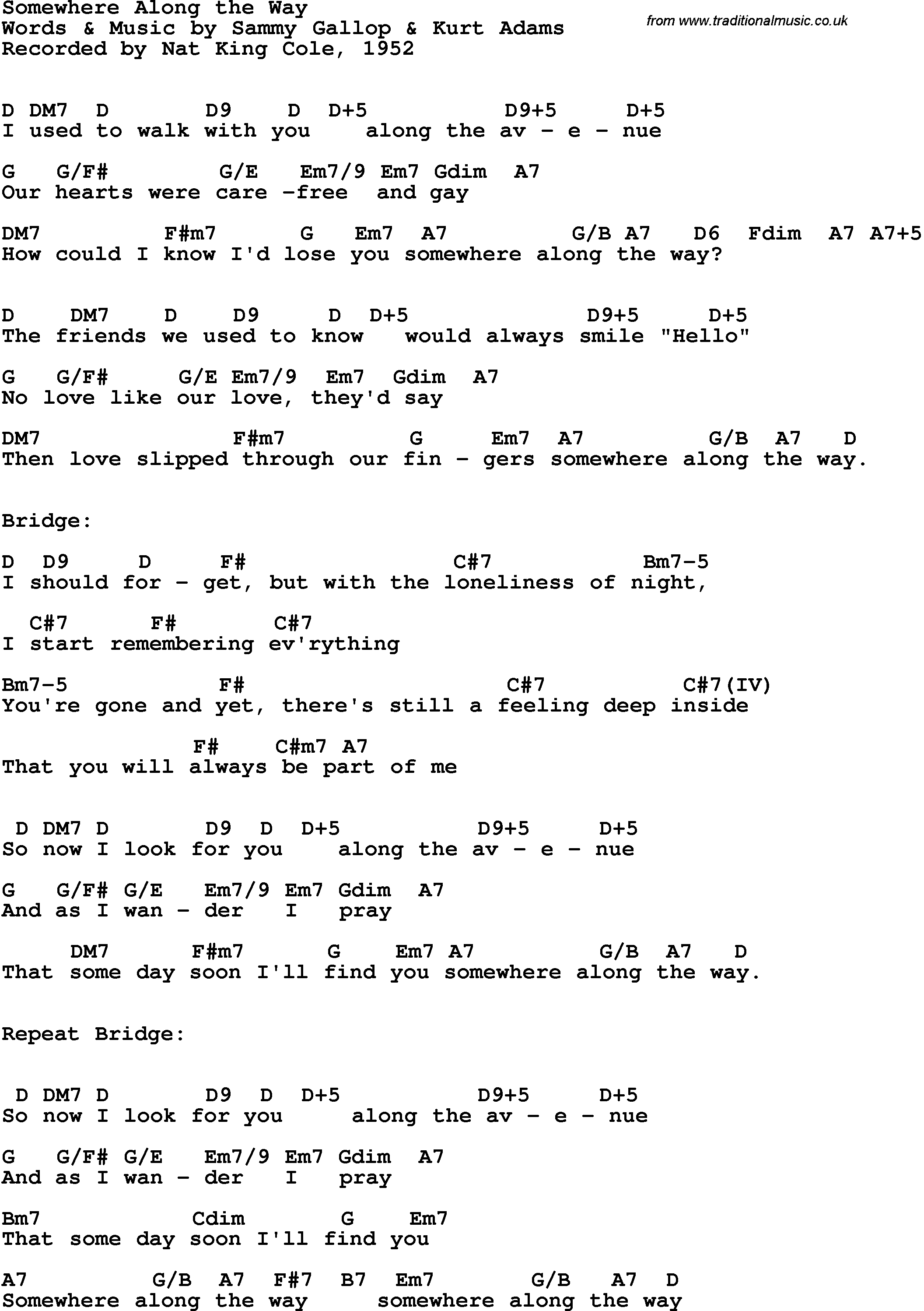 Song Lyrics with guitar chords for Somewhere Along The Way - Nat King Cole, 1952