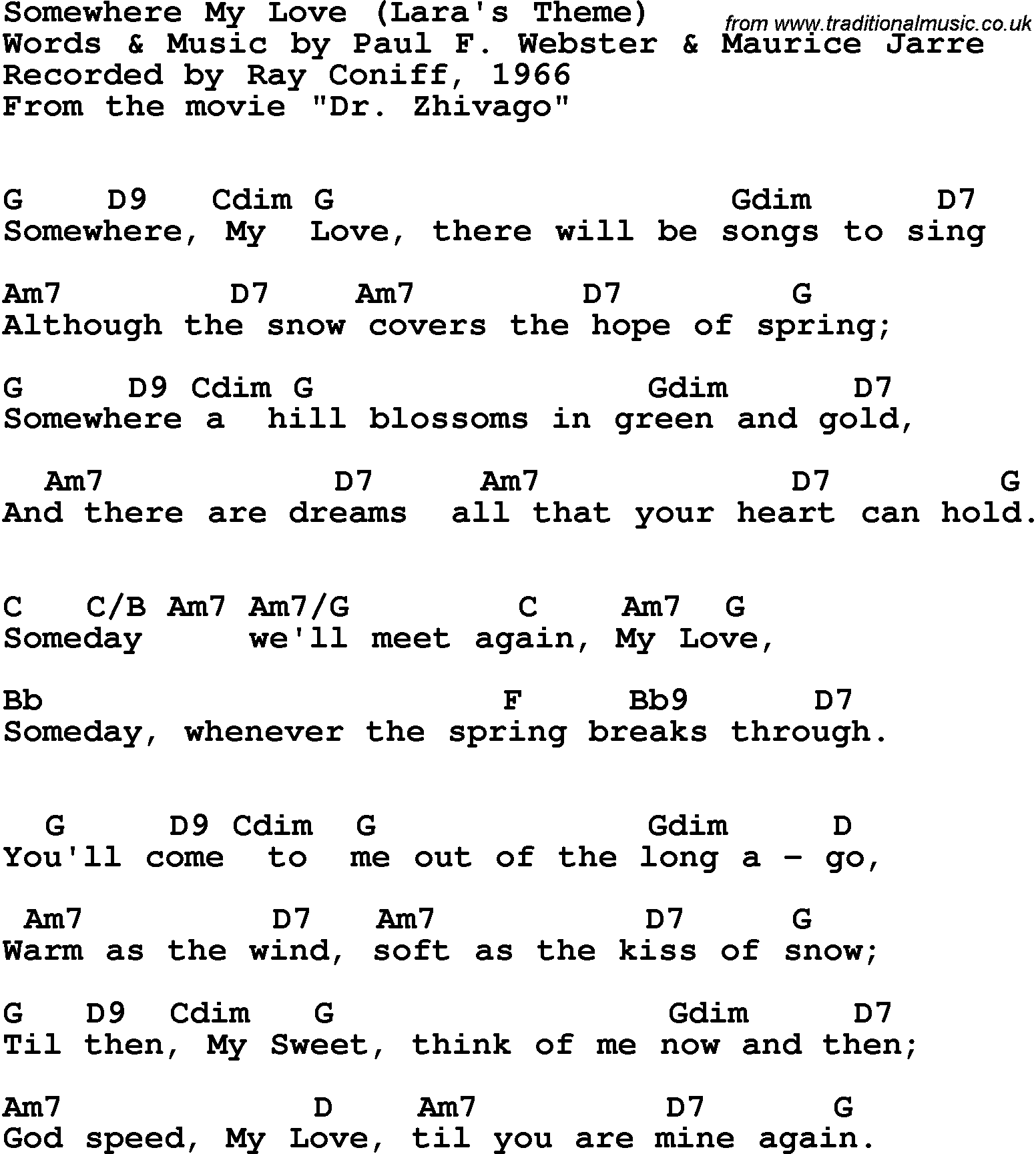 Song Lyrics with guitar chords for Somewhere My Love - Ray Coniff, 1966
