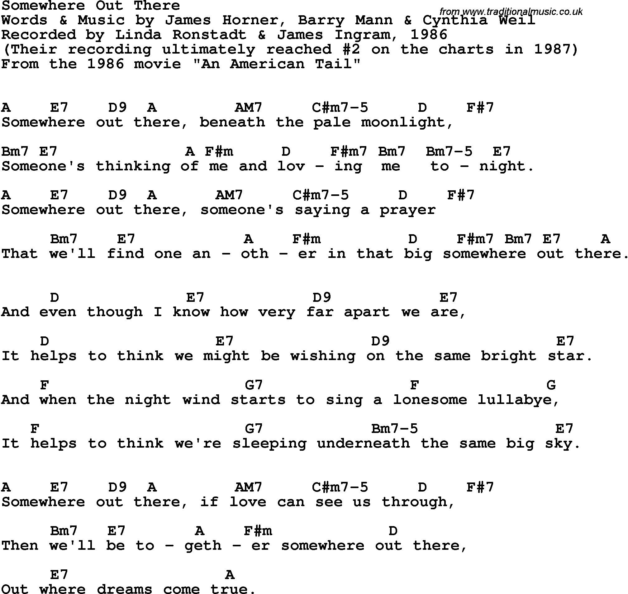 Song Lyrics with guitar chords for Somewhere Out There - James Ingram & Linda Ronstadt, 1991
