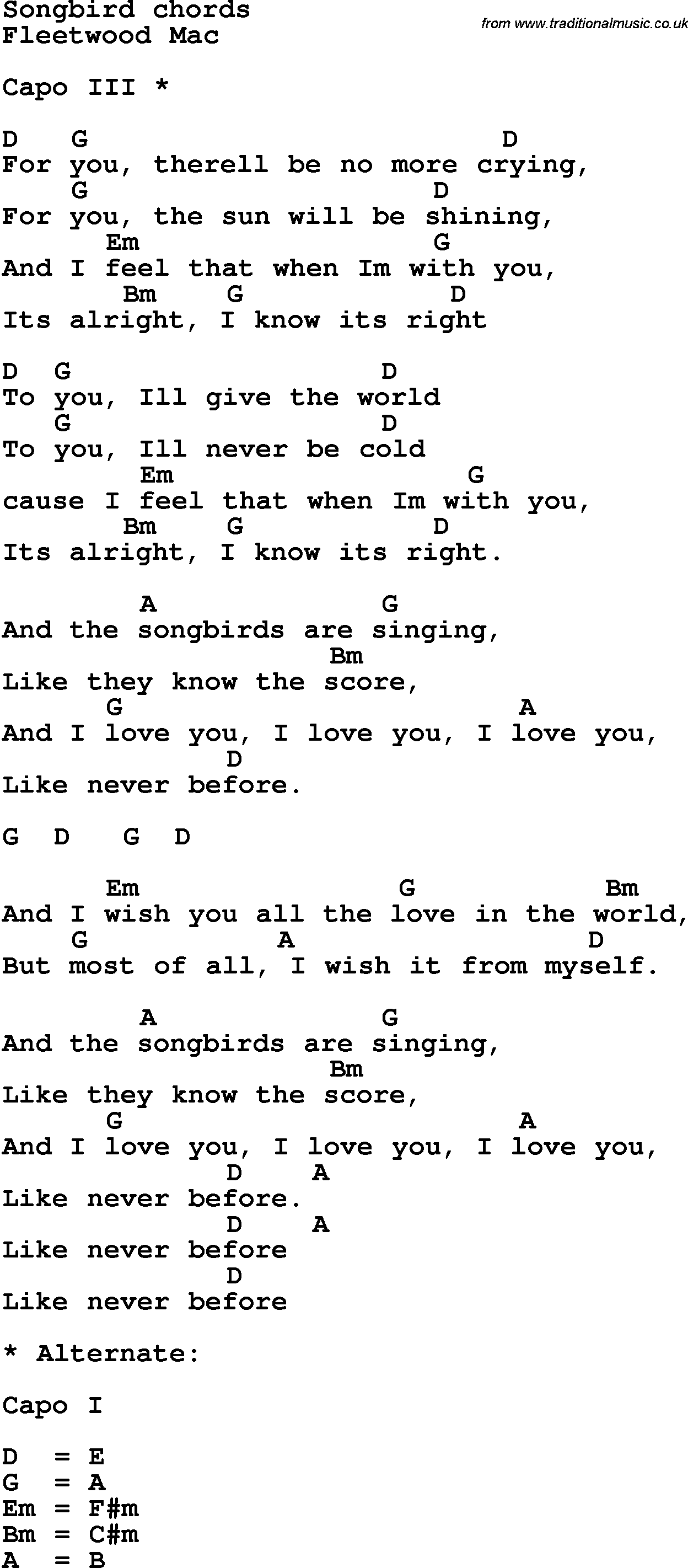 Song Lyrics with guitar chords for Songbird - Fleetwood Mac