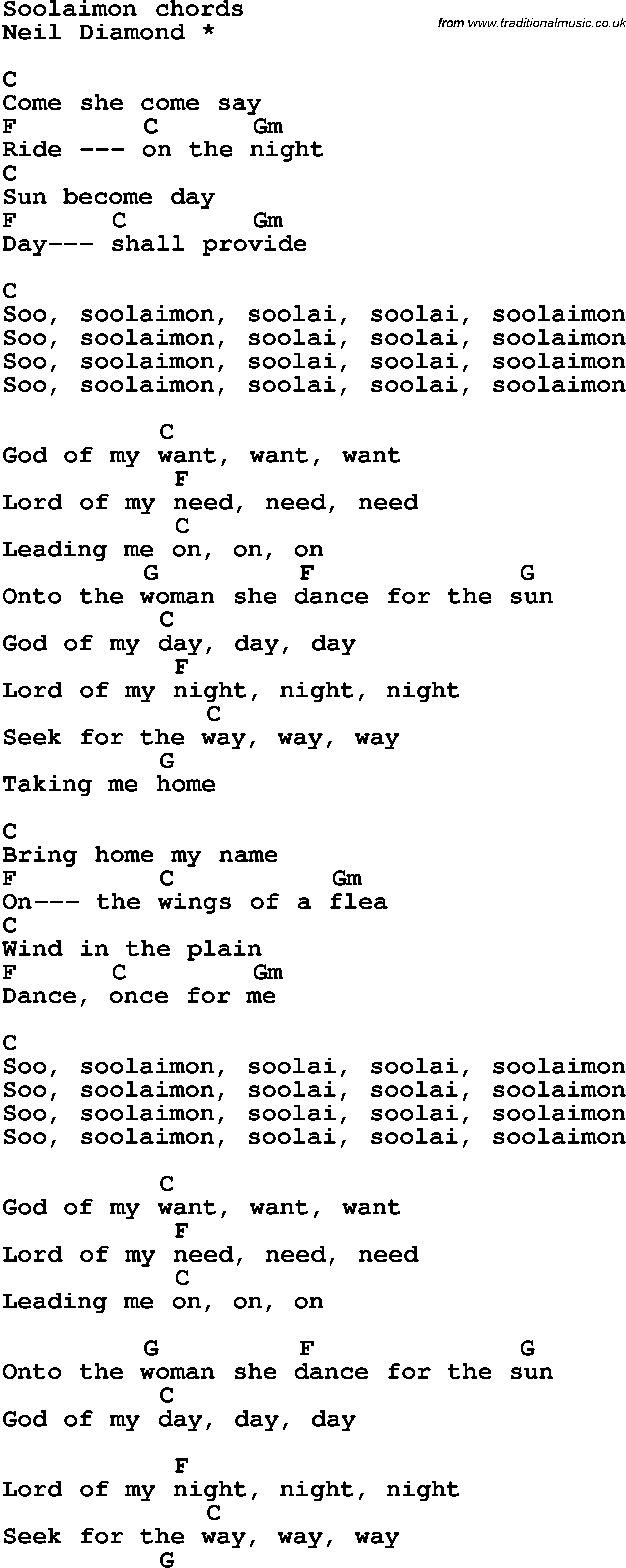 Song Lyrics with guitar chords for Soolaimon - Neil Diamond