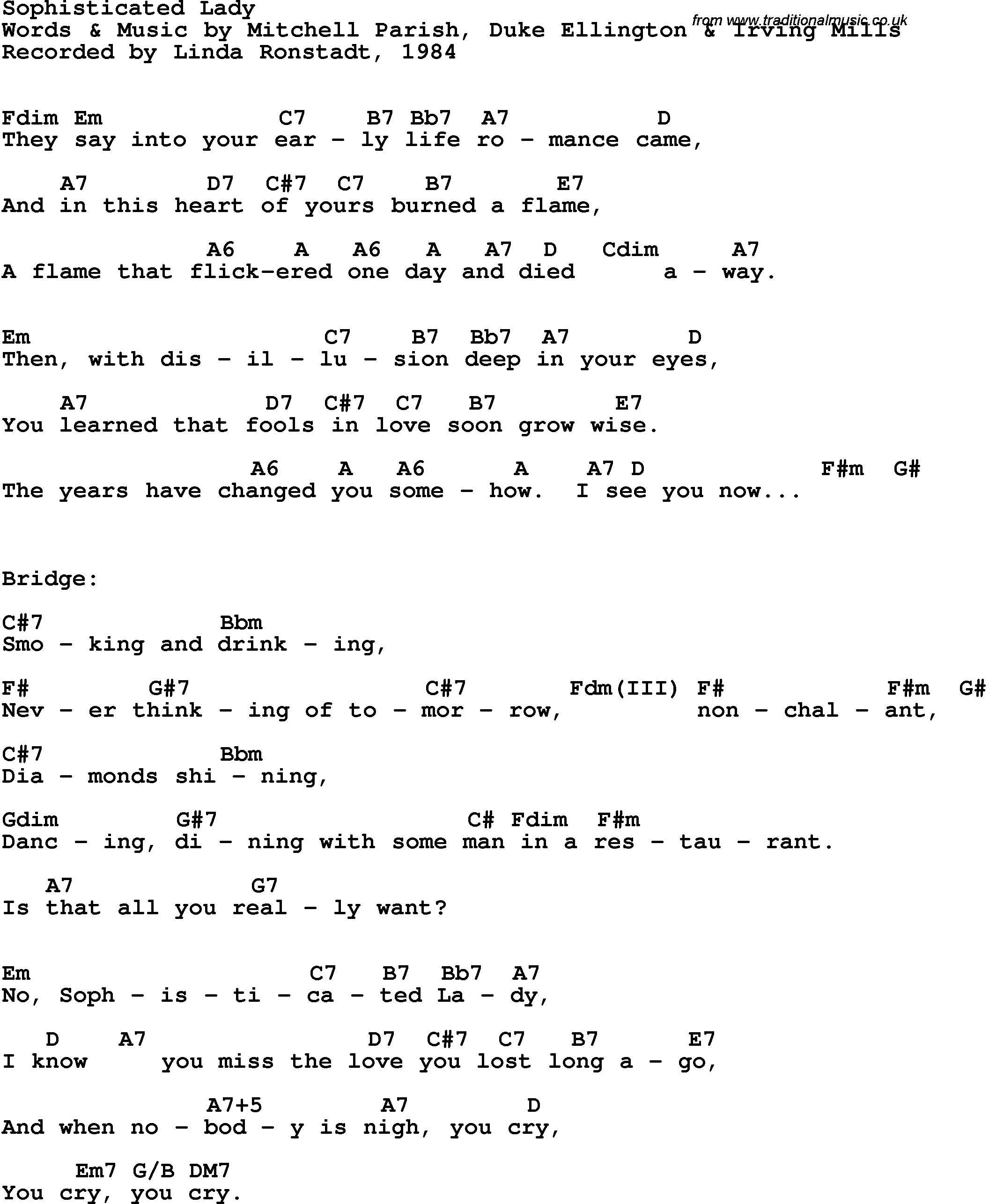 Song Lyrics with guitar chords for Sophisticated Lady - Linda Ronstadt, 1984