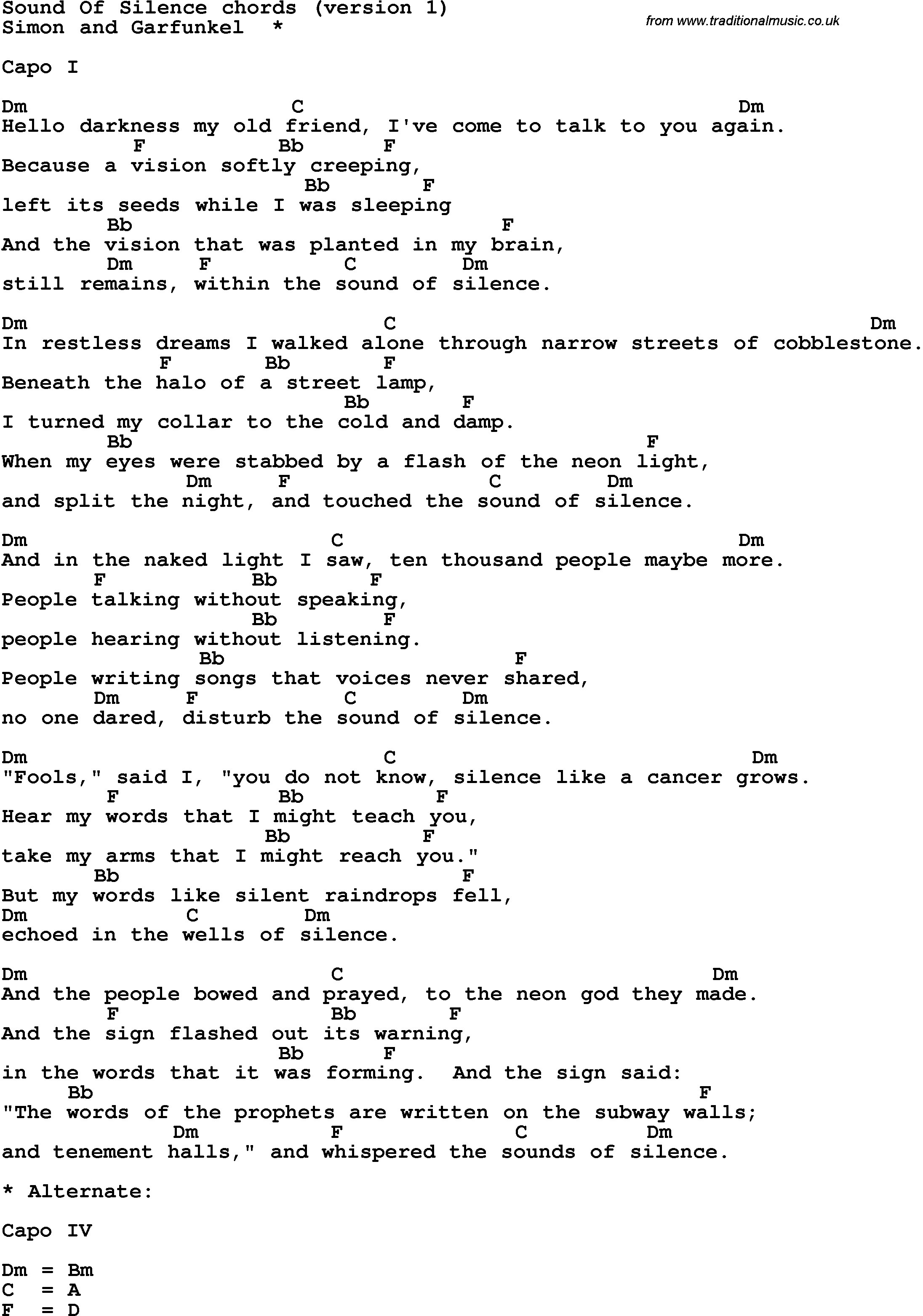 Song Lyrics with guitar chords for Sound Of Silence