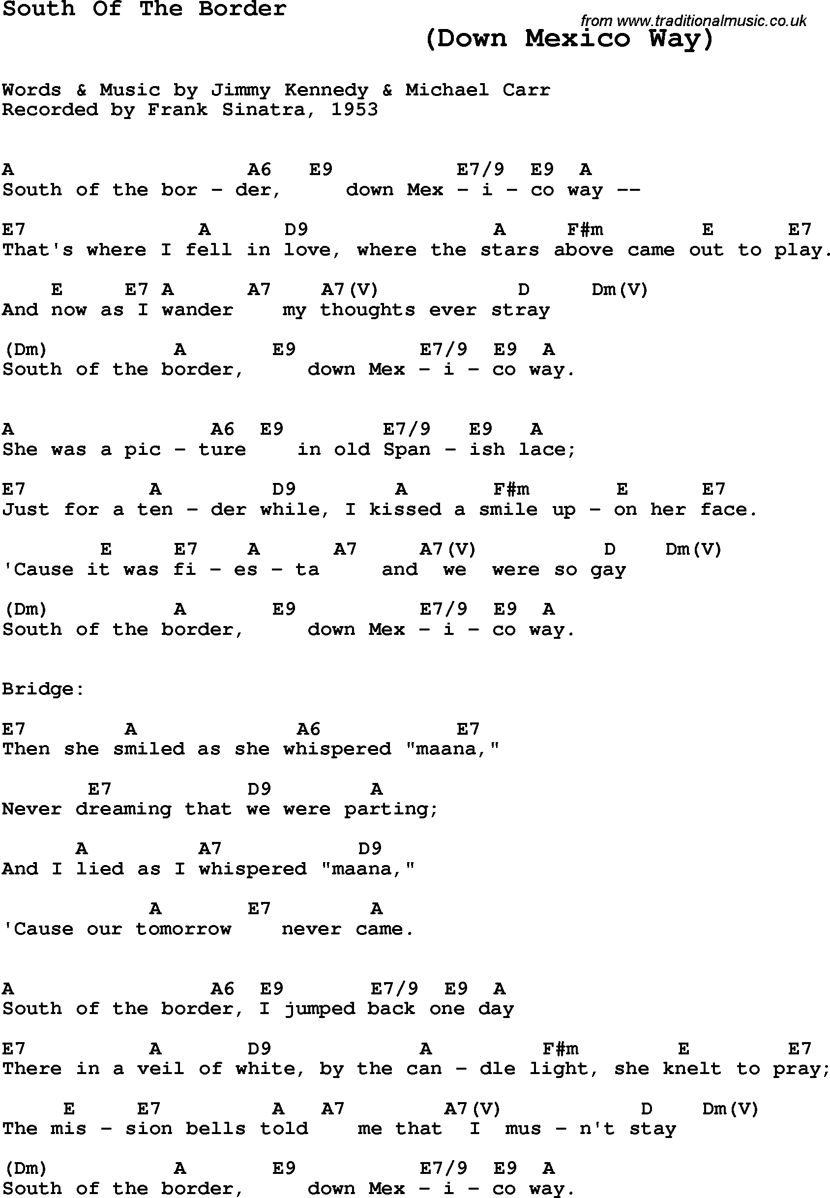 Song Lyrics with guitar chords for South Of The Border - Frank Sinatra, 1953