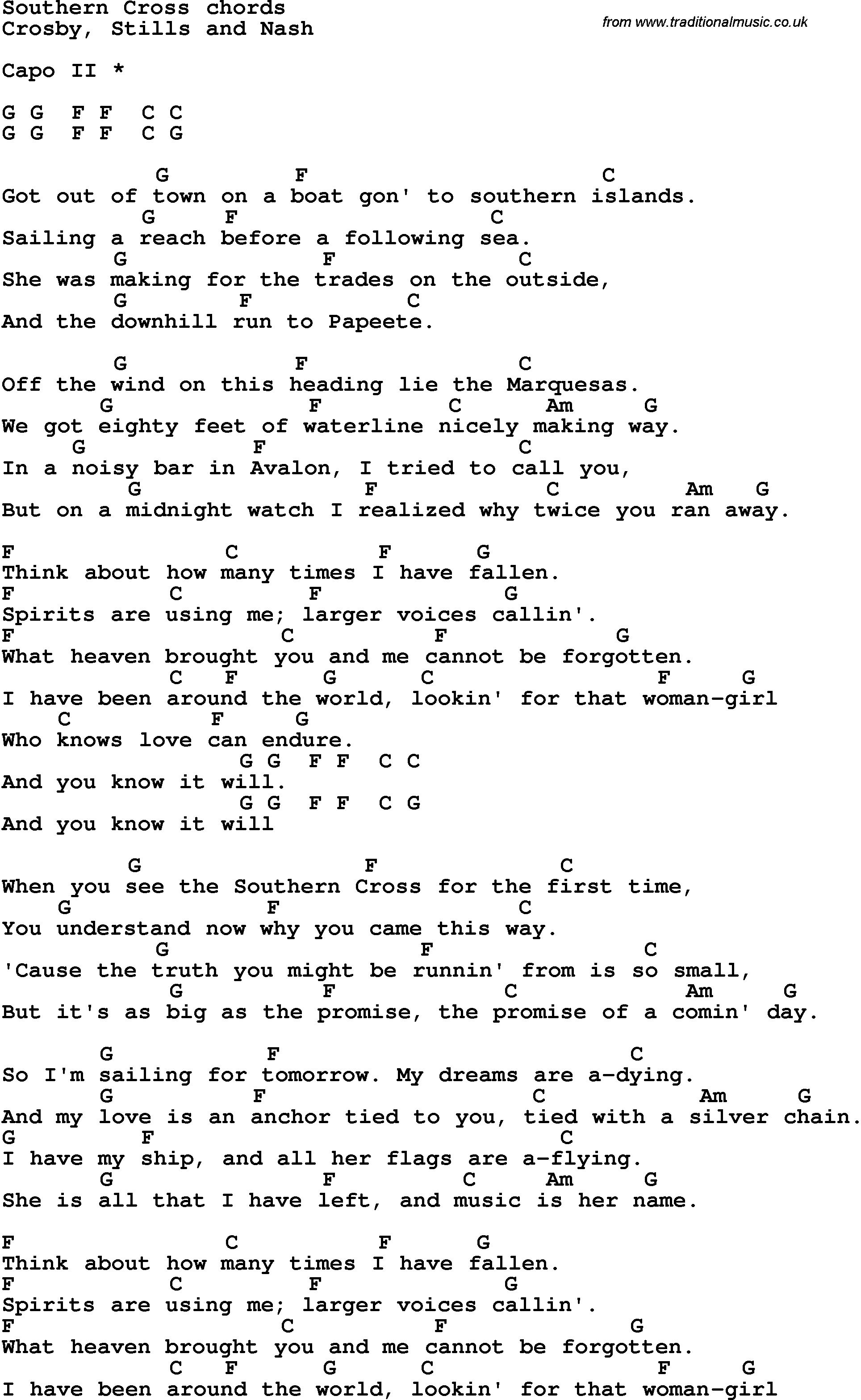 Song Lyrics with guitar chords for Southern Cross
