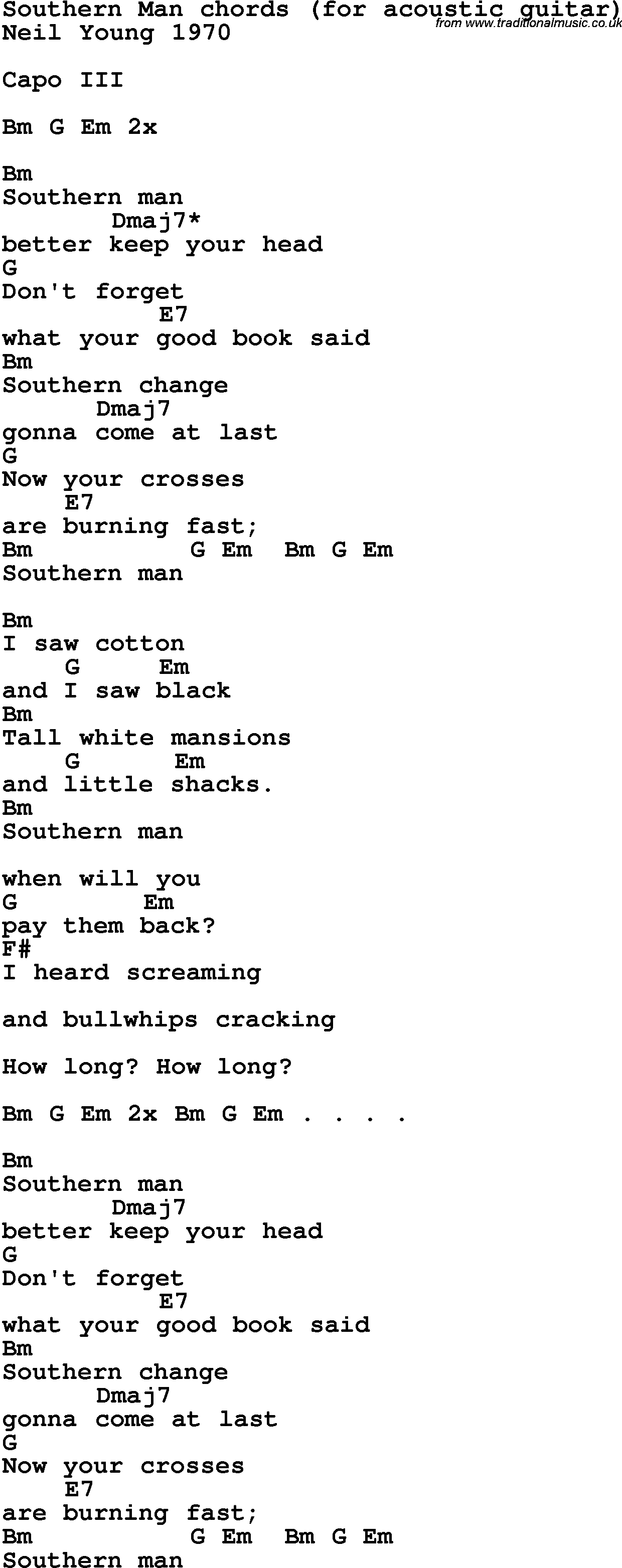 Song Lyrics with guitar chords for Southern Man