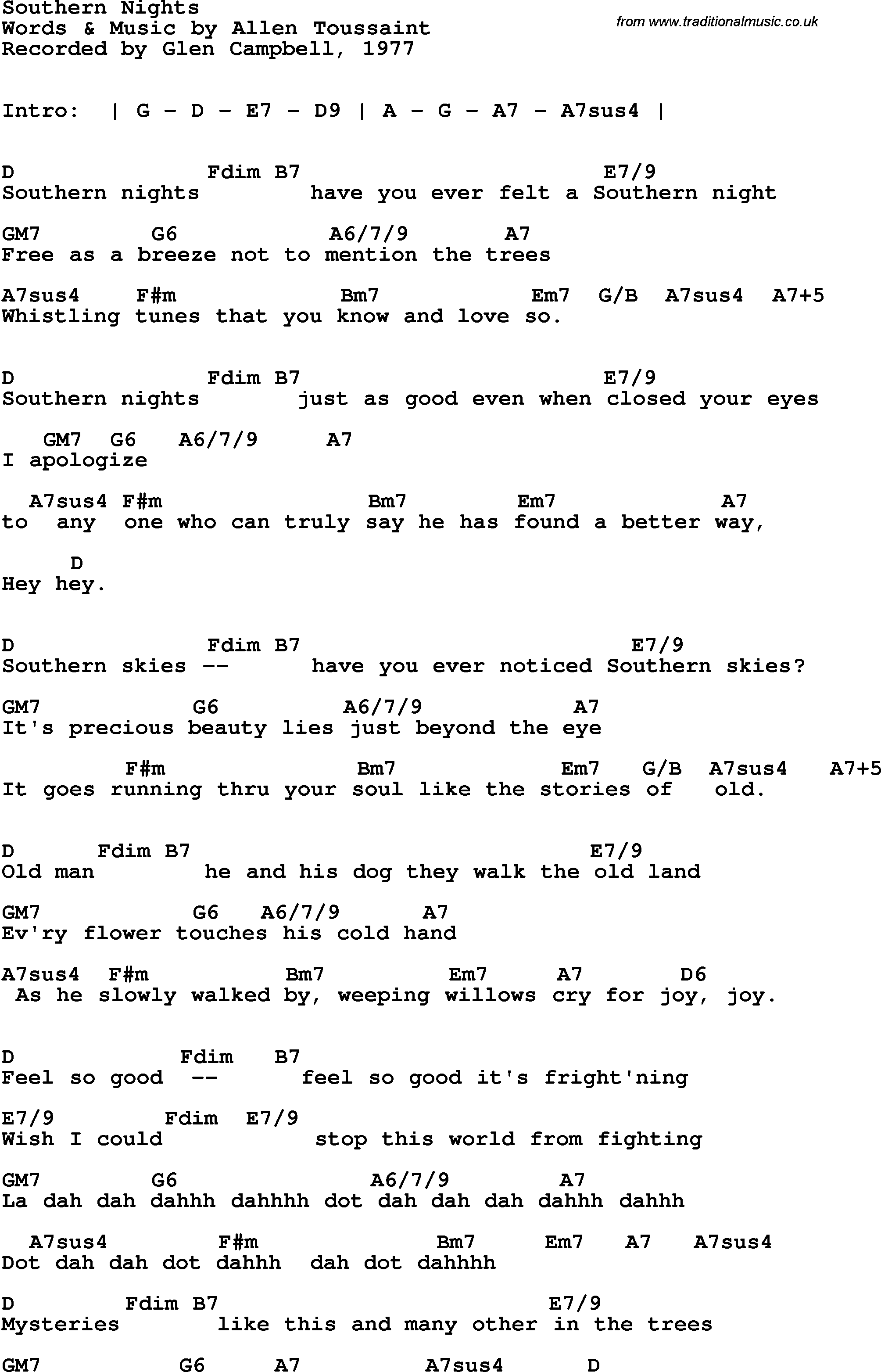 Song Lyrics with guitar chords for Southern Nights - Glenn Campbell, 1977