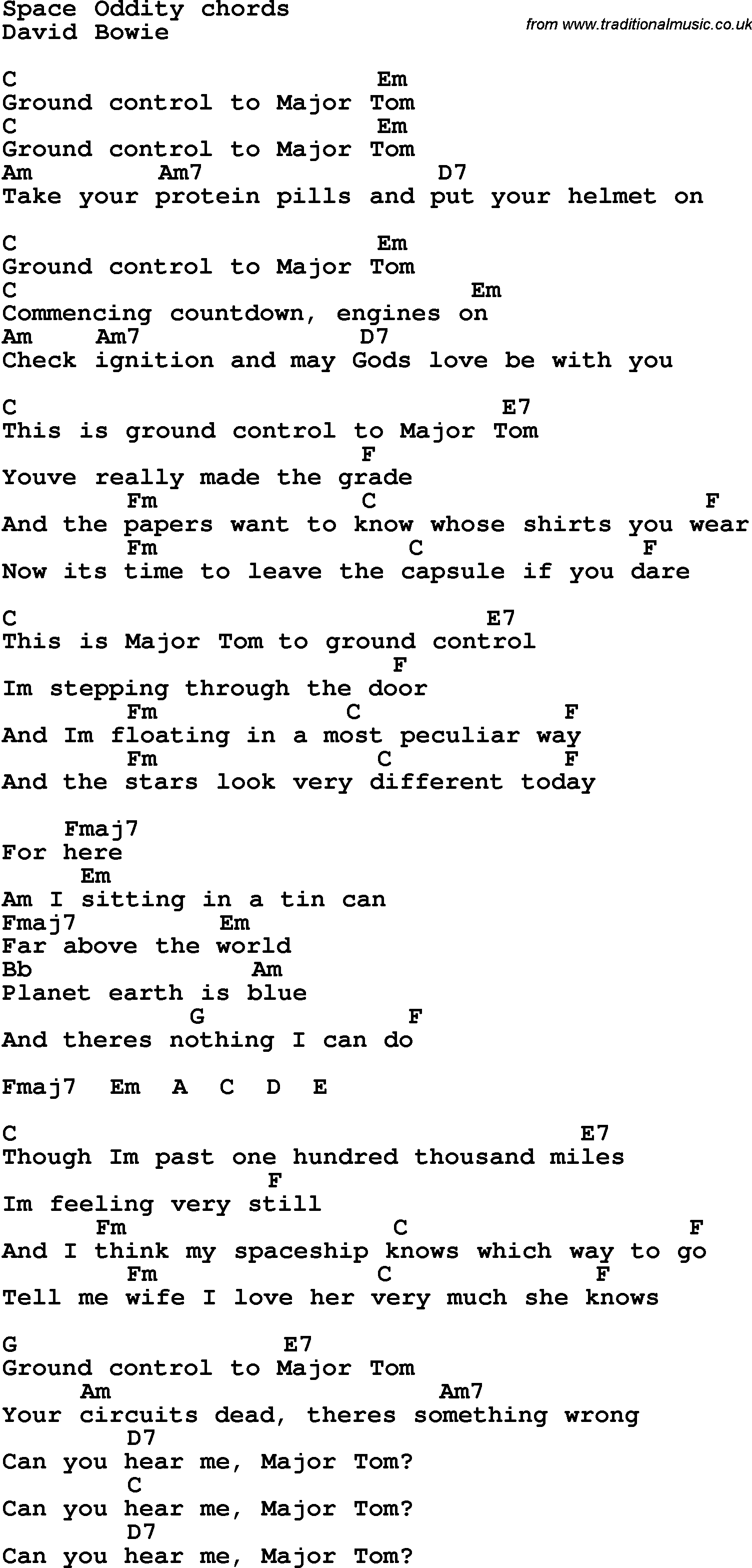 Song Lyrics with guitar chords for Space Oddity