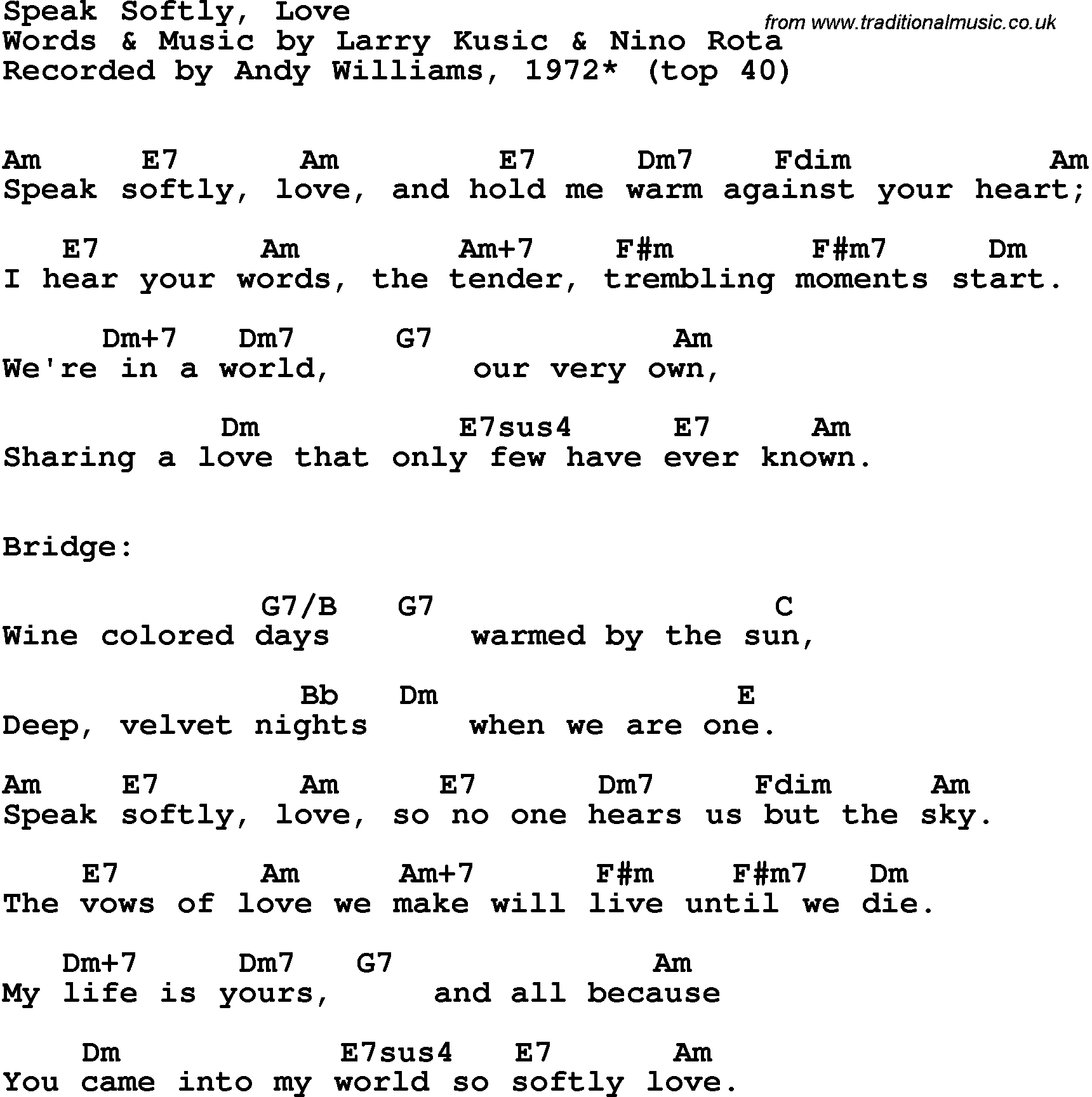 Song Lyrics with guitar chords for Speak Softly, Love - Andy Williams, 1972