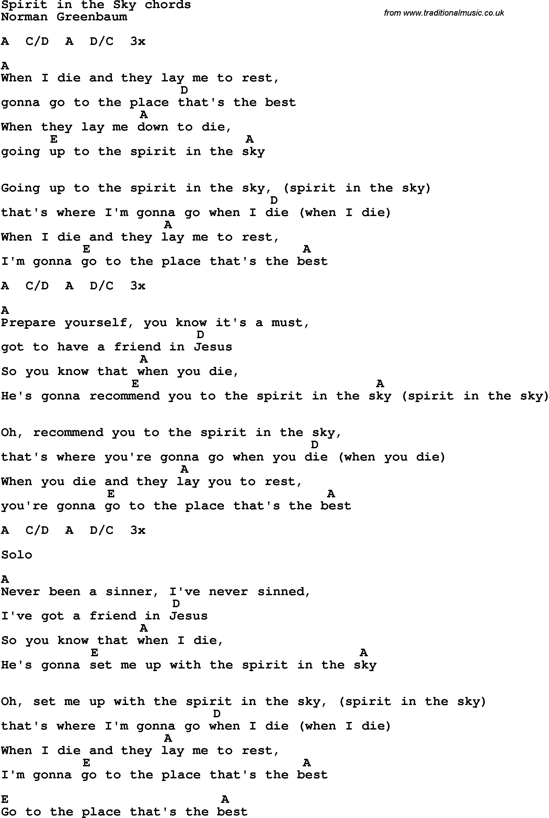 Song Lyrics with guitar chords for Spirit In The Sky