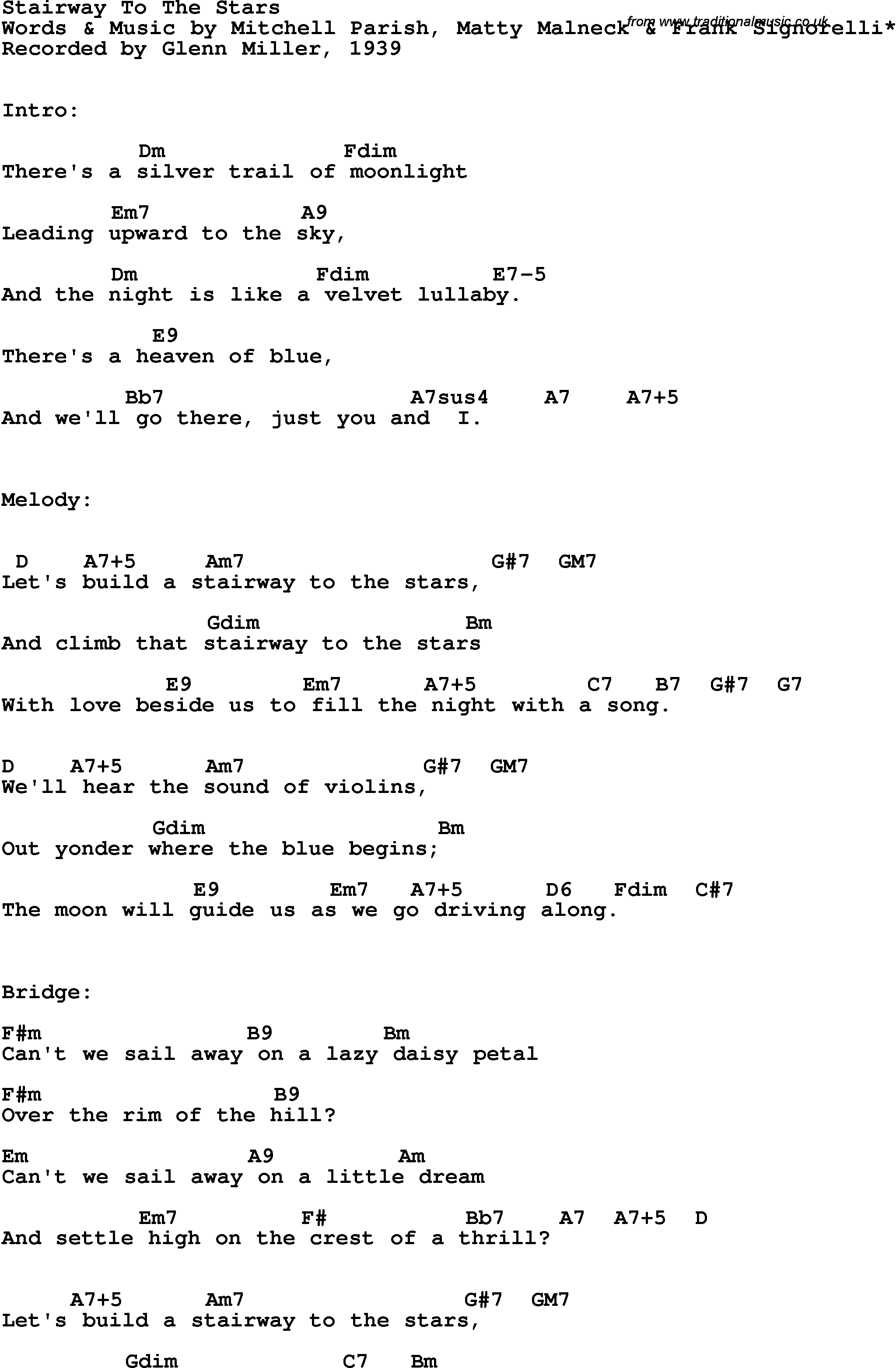 Song Lyrics with guitar chords for Stairway To The Stars - Glenn Miller, 1939