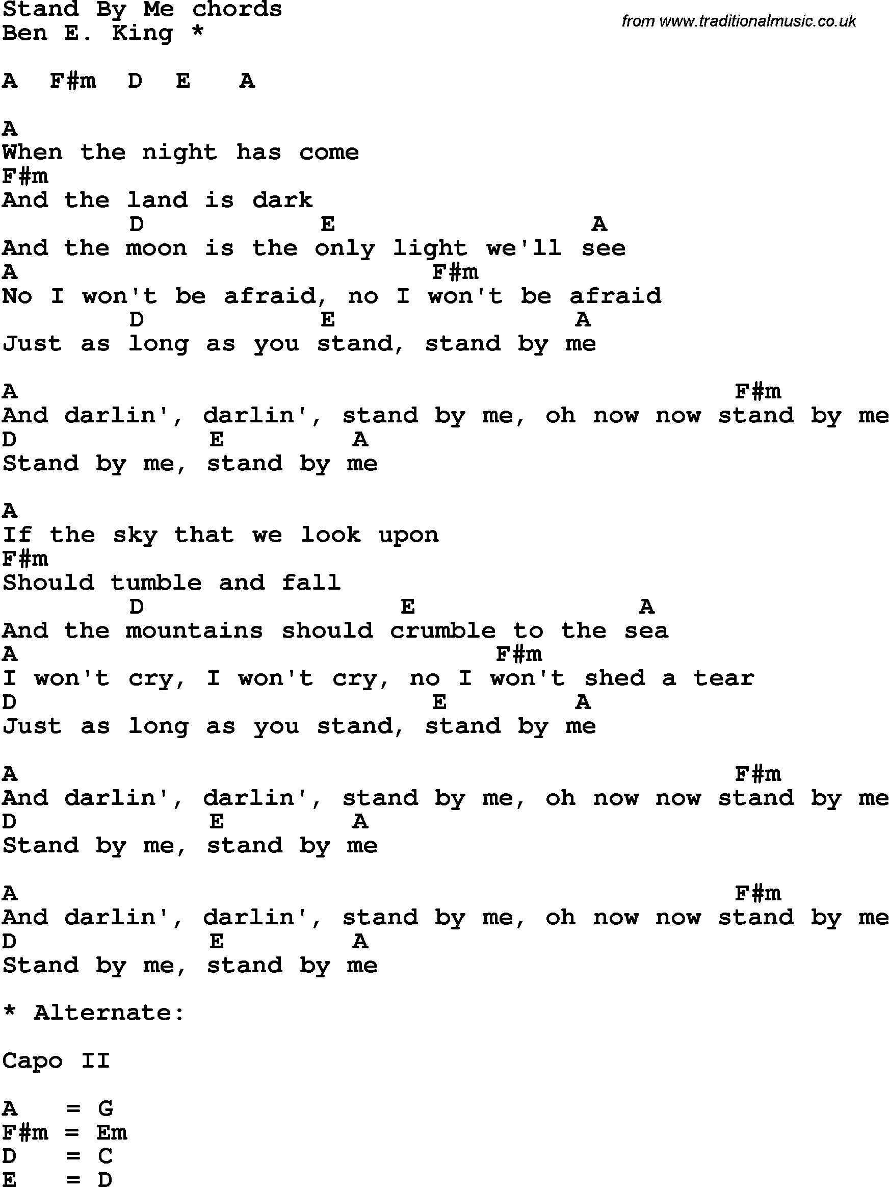 Song Lyrics with guitar chords for Stand By Me