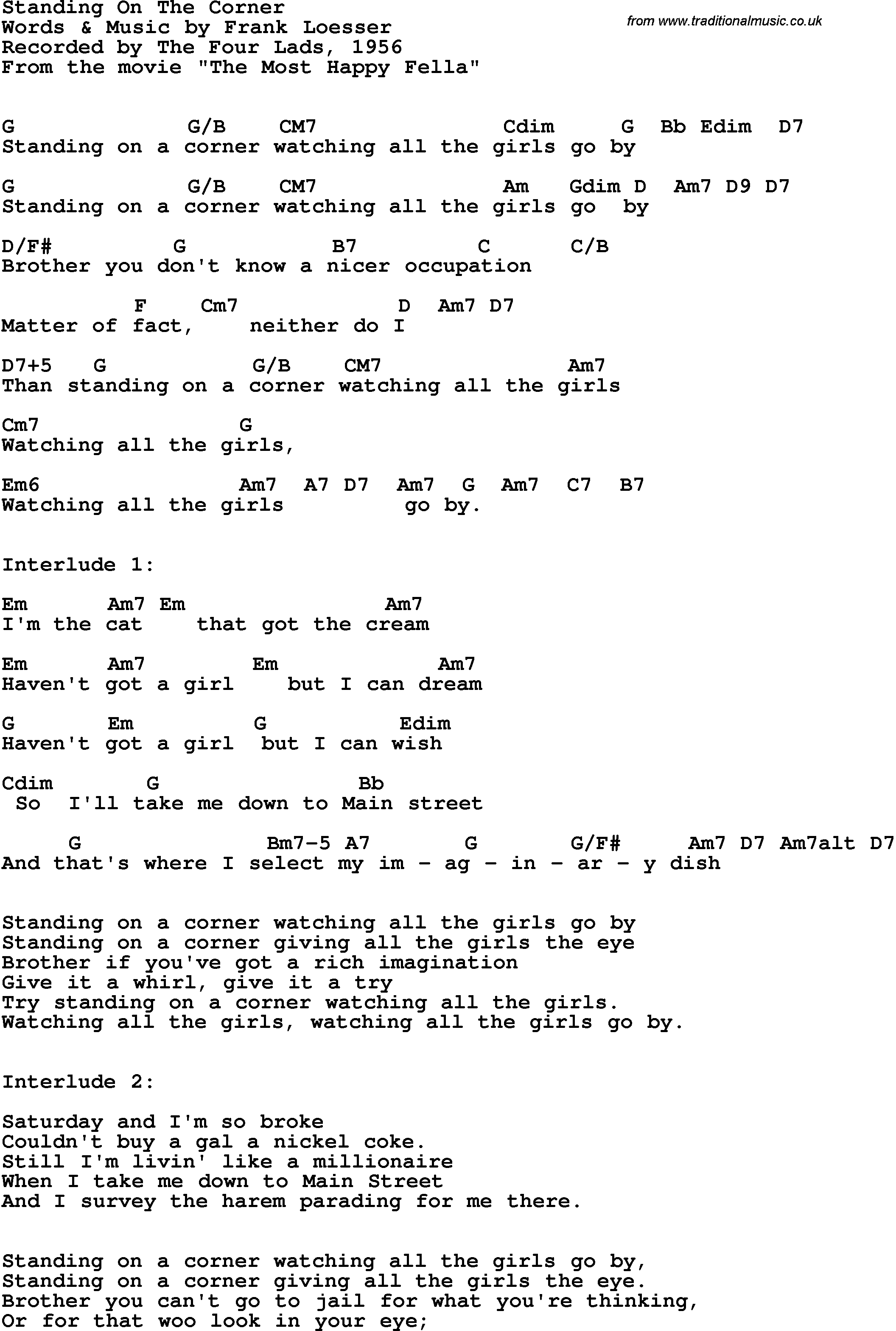 Song Lyrics with guitar chords for Standing On The Corner - The Four Lads, 1956