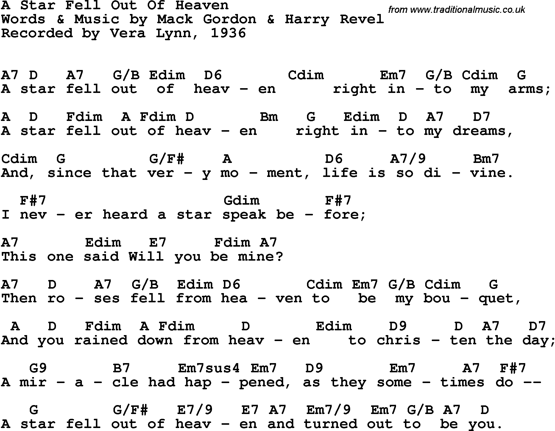 Song Lyrics with guitar chords for Star Fell Out Of Heaven, A - Vera Lynn, 1936