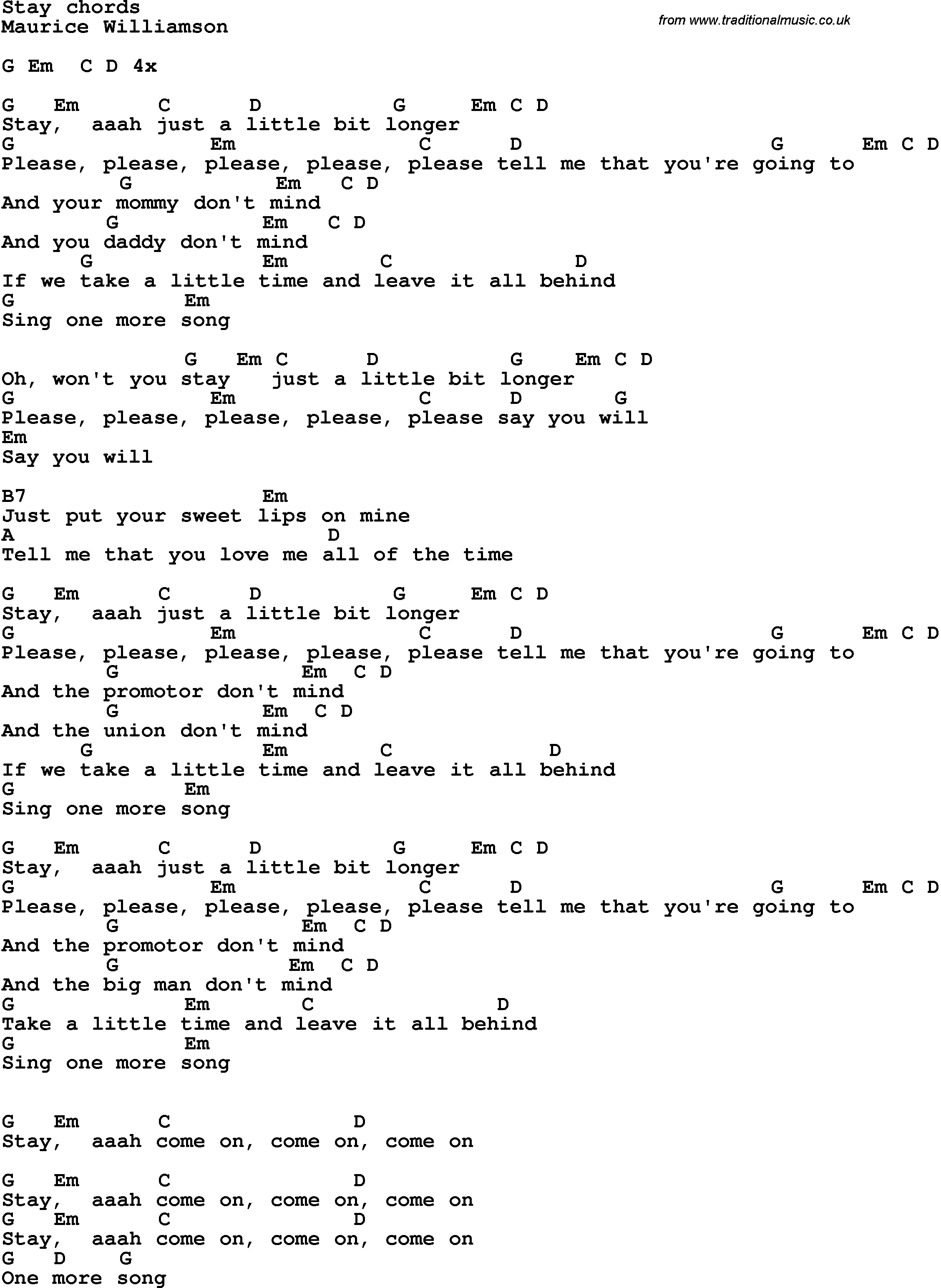 Song Lyrics with guitar chords for Stay