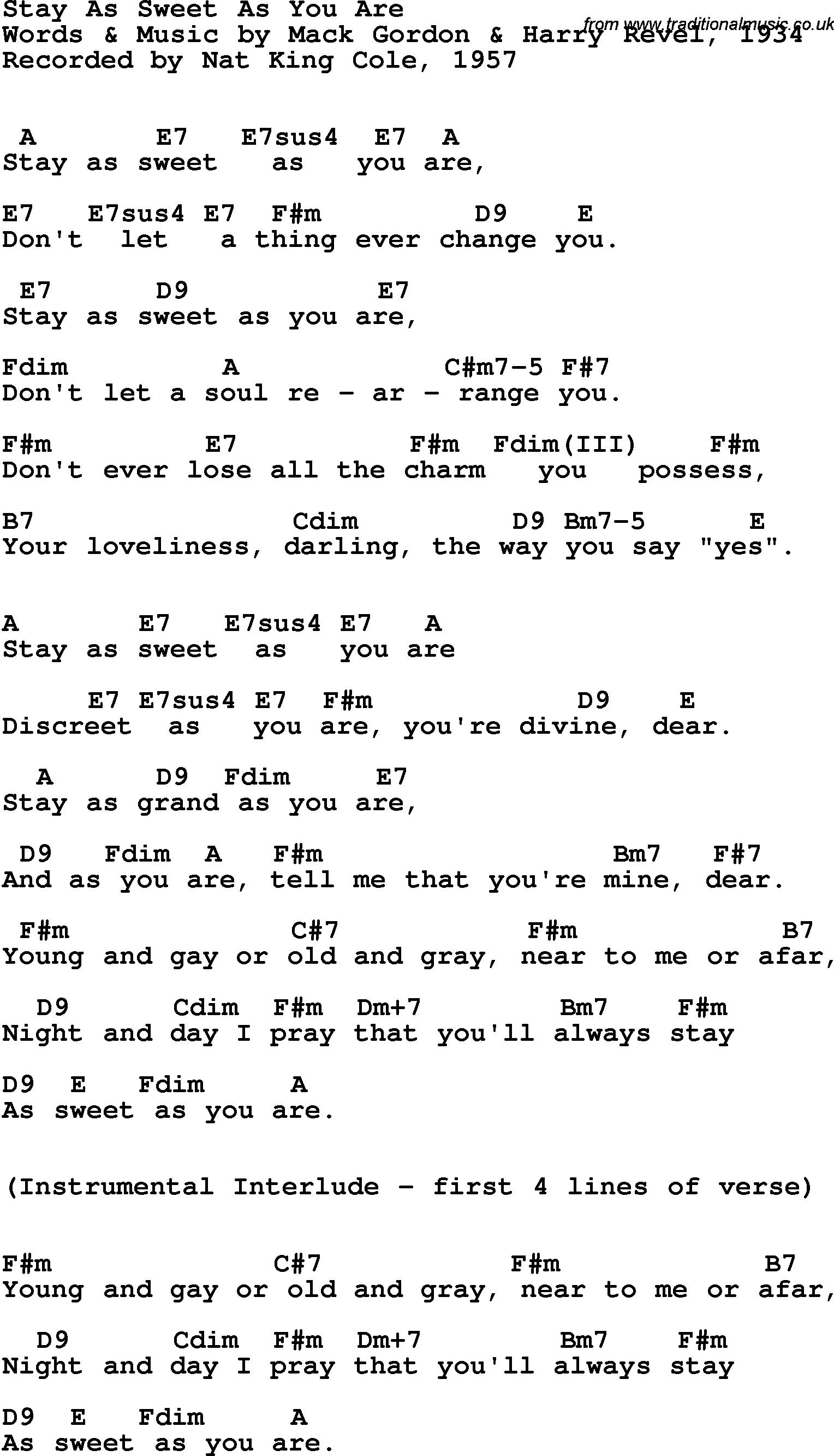 Song Lyrics with guitar chords for Stay As Sweet As You Are - Nat King Cole,  1957