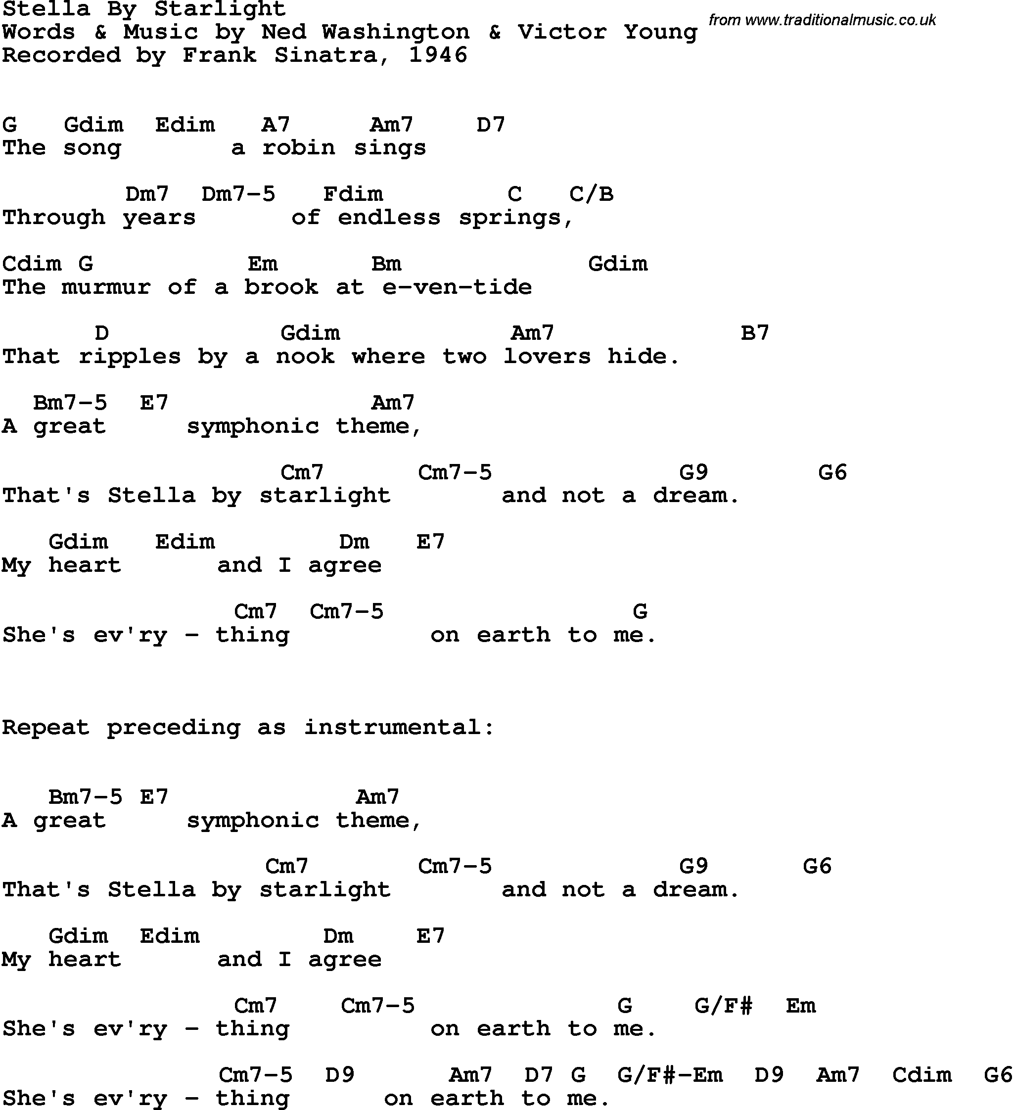 Song Lyrics with guitar chords for Stella By Starlight - Frank Sinatra, 1946