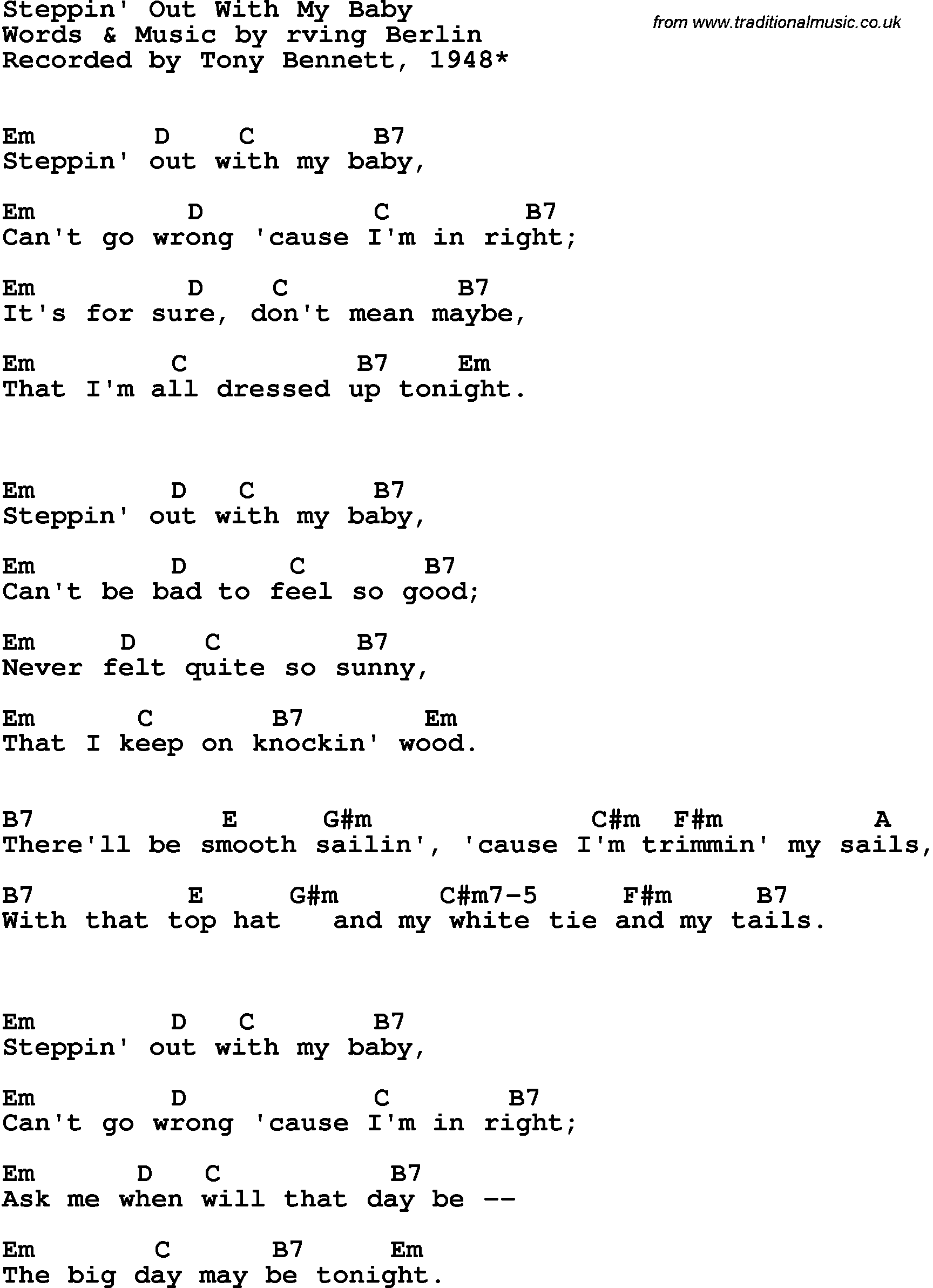 Song Lyrics with guitar chords for Steppin' Out With My Baby - Tony Bennett, 1948