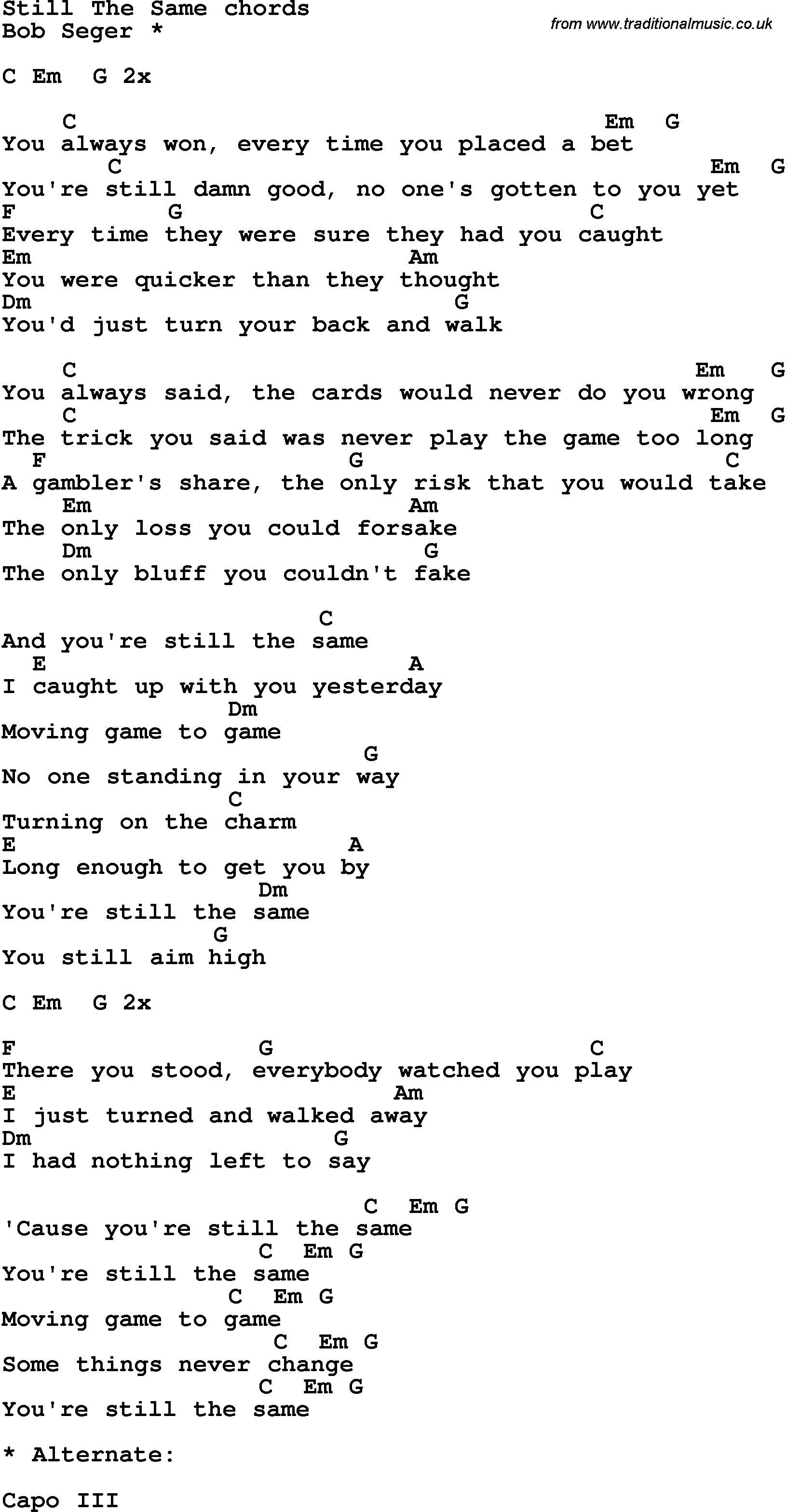 Song Lyrics with guitar chords for Still The Same
