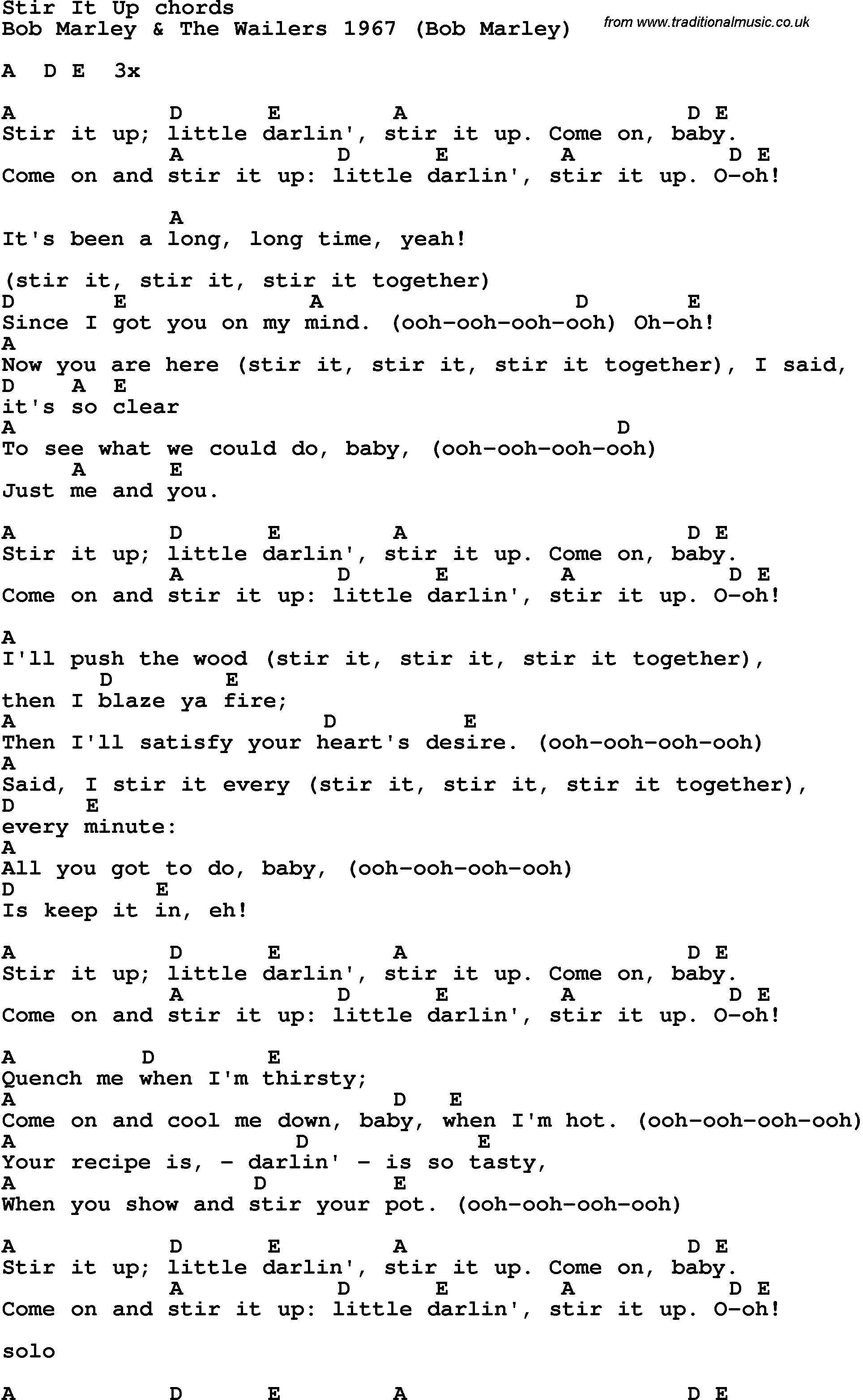 Song Lyrics with guitar chords for Stir It Up