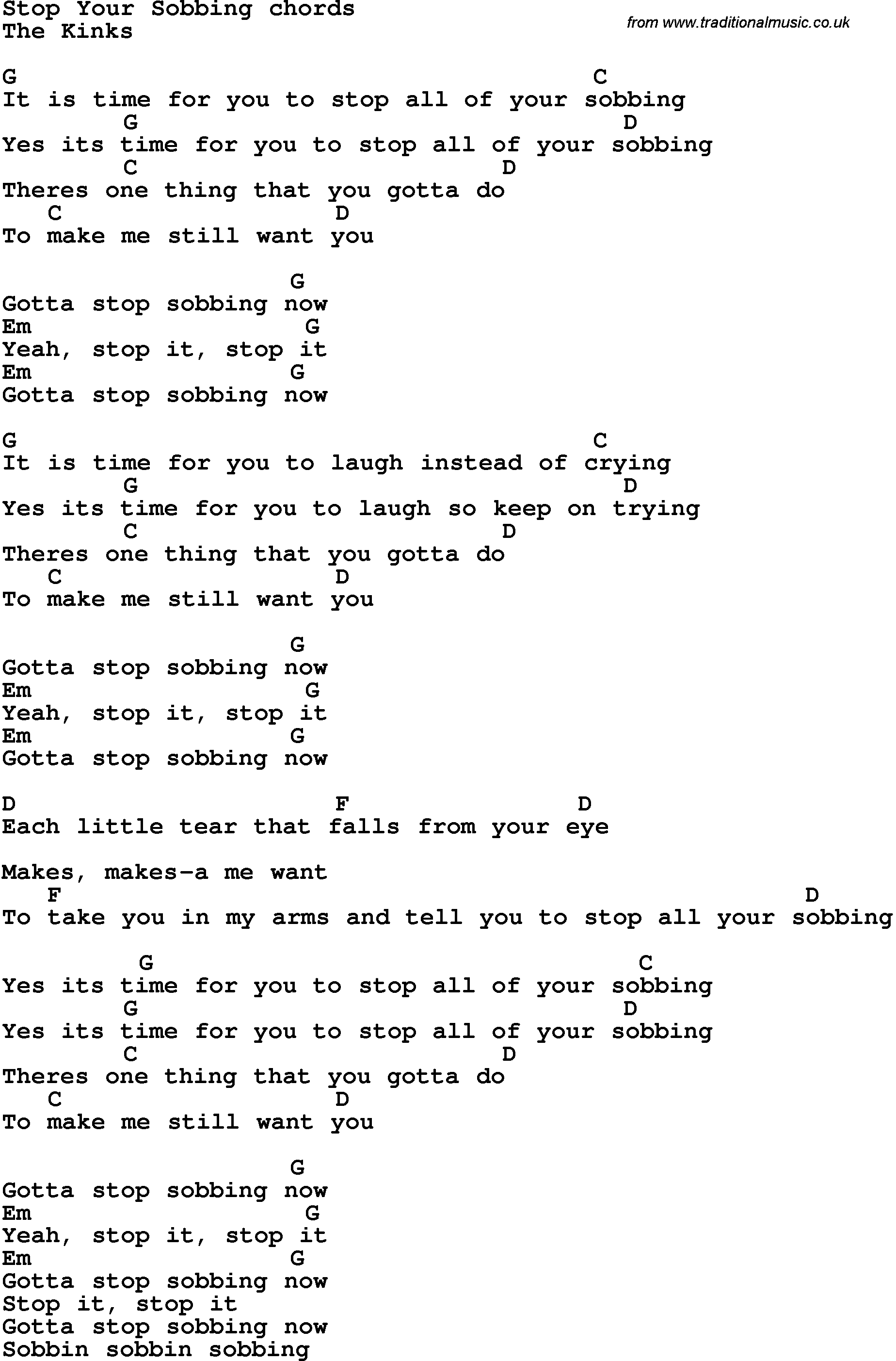 Song Lyrics with guitar chords for Stop Your Sobbing
