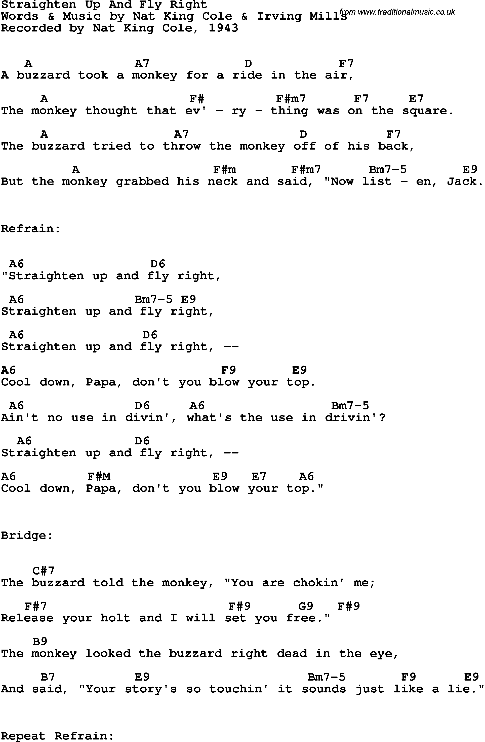 Song Lyrics with guitar chords for Straighten Up And Fly Right - Nat King Cole, 1943